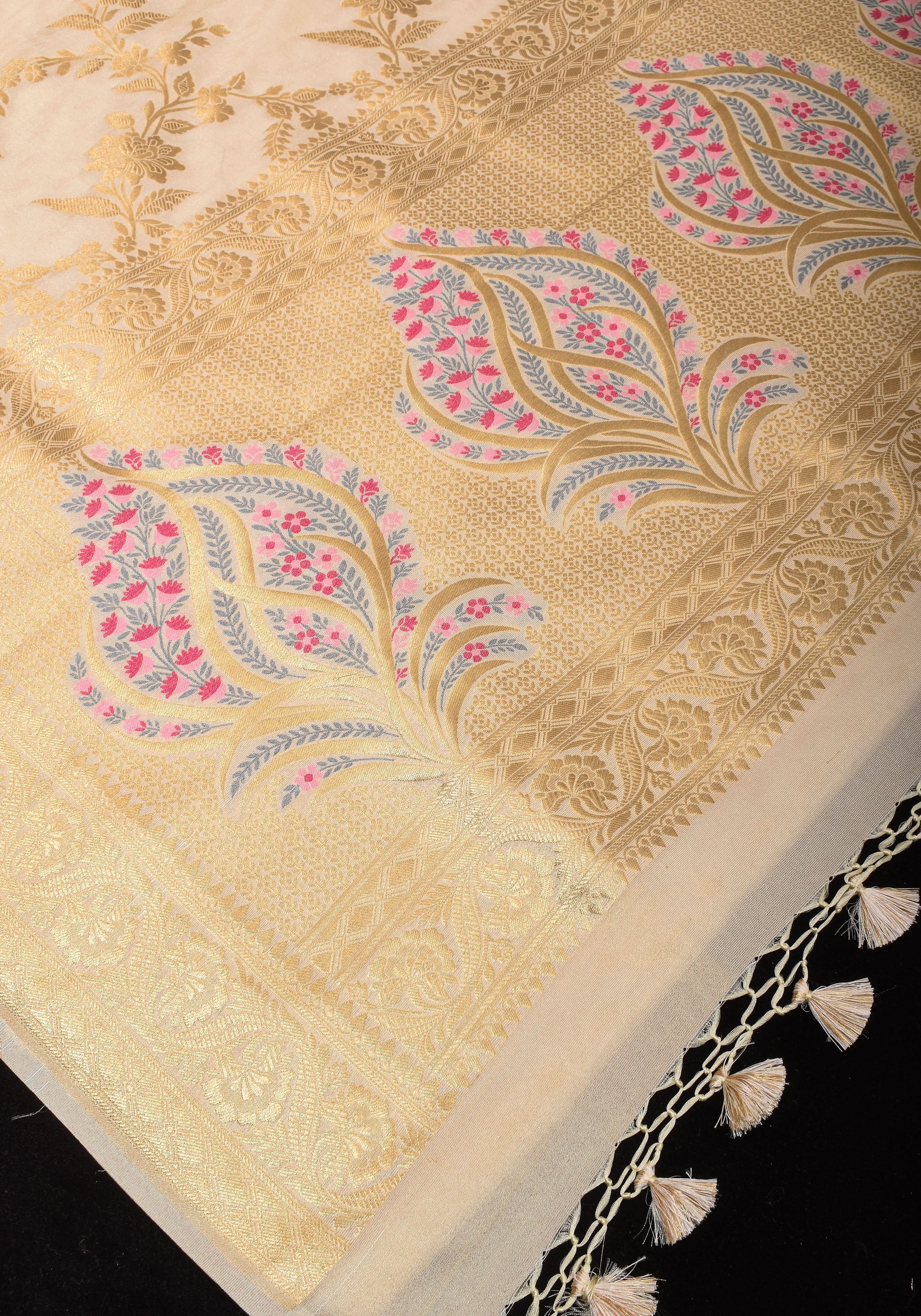 Ivory Tissue Semi silk saree with leheria Zari Floral vine Pattern and Meenakari Zari Pallu | SHOBITAM
