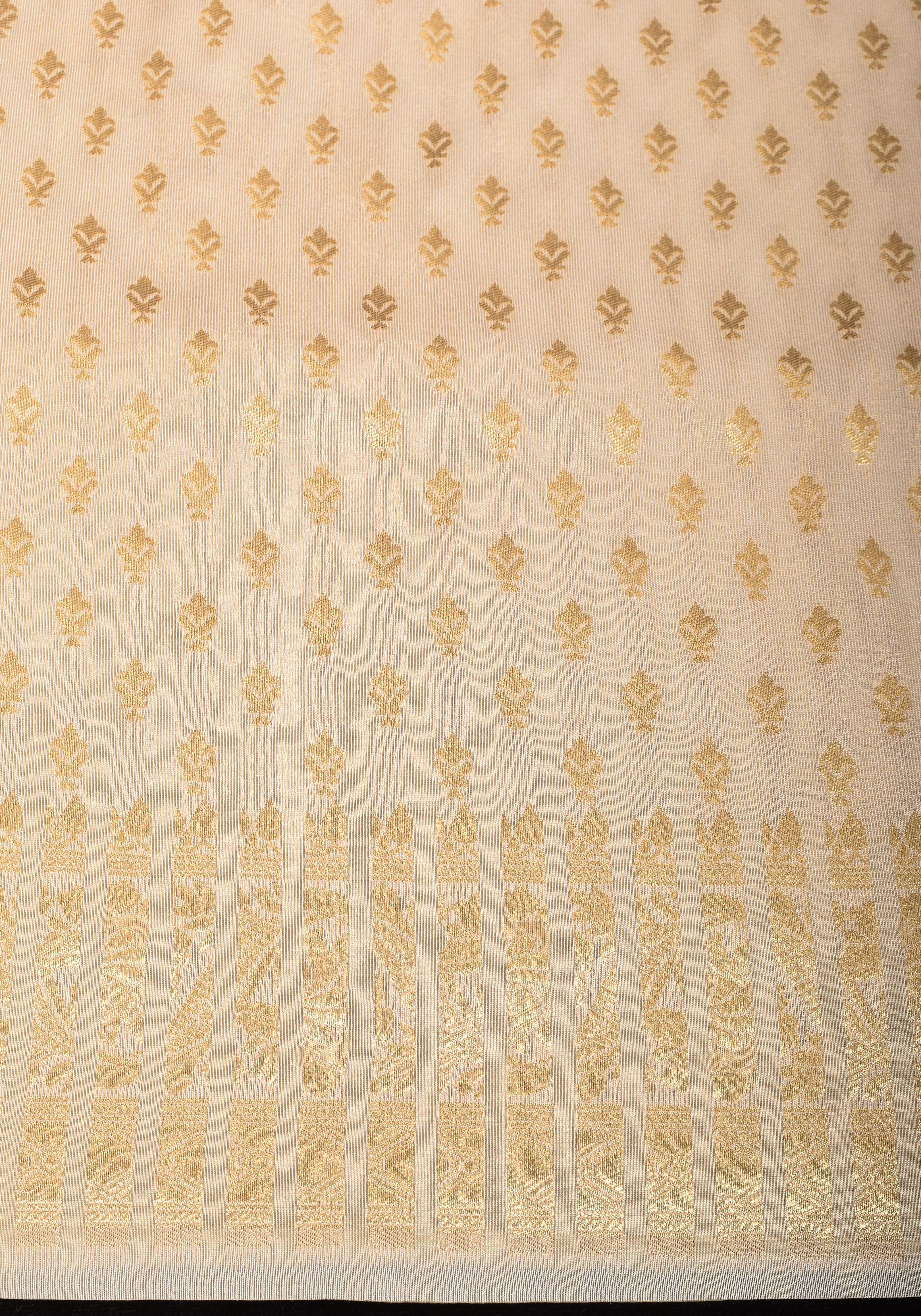 Ivory Tissue Semi silk saree with leheria Zari Floral vine Pattern and Meenakari Zari Pallu | SHOBITAM