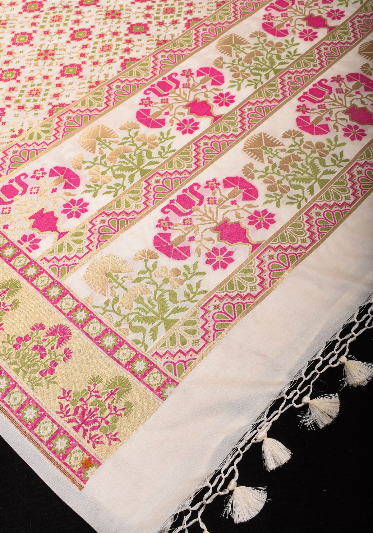 Exquisite Off White Semi Silk Saree with Patola  Meenakari Jaal and Zari Borders | SHOBITAM