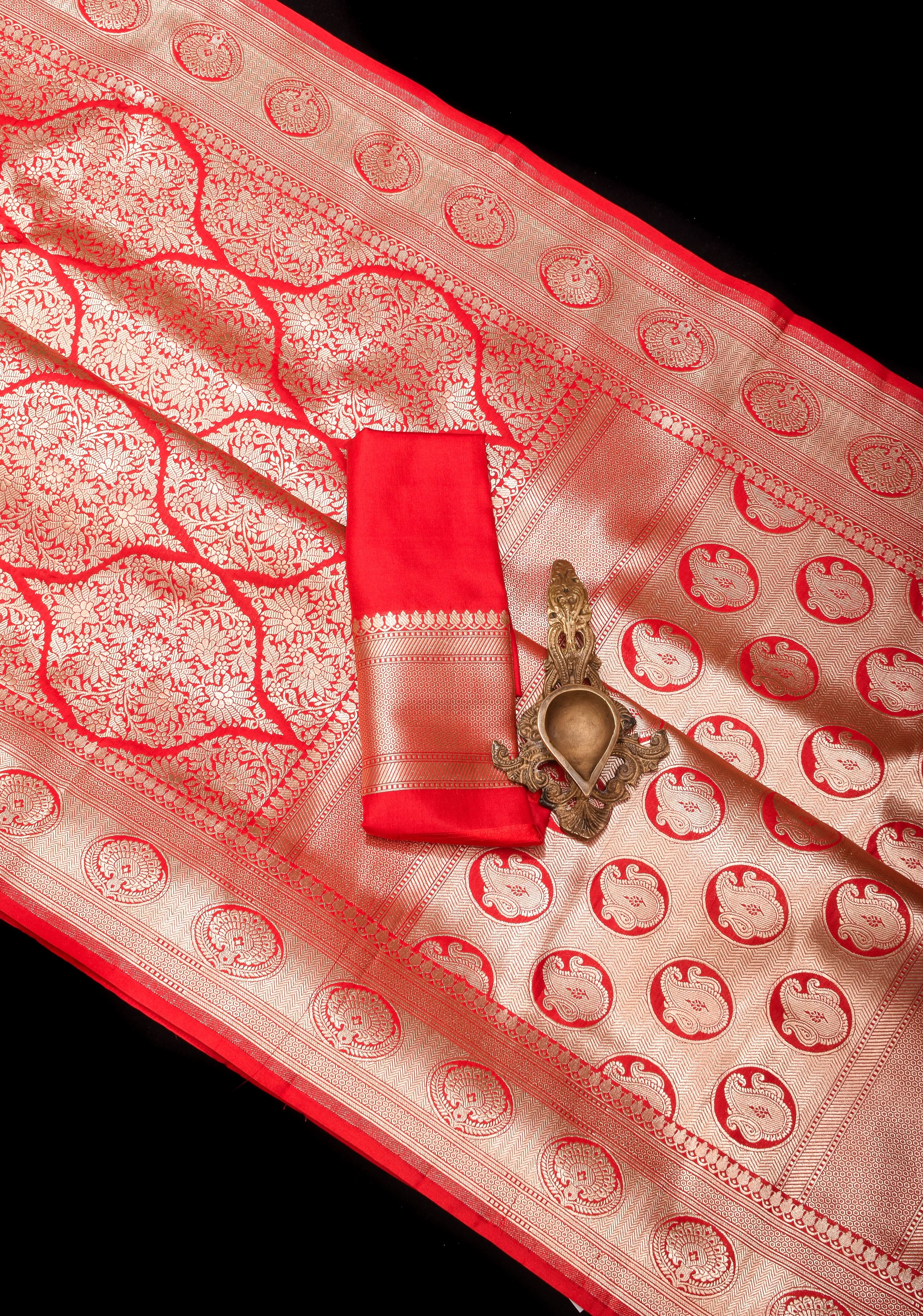 Magnificent Banarasi Katan Silk saree in Red with Persian Trellis Jaal  | SILK MARK CERTIFIED | Shobitam