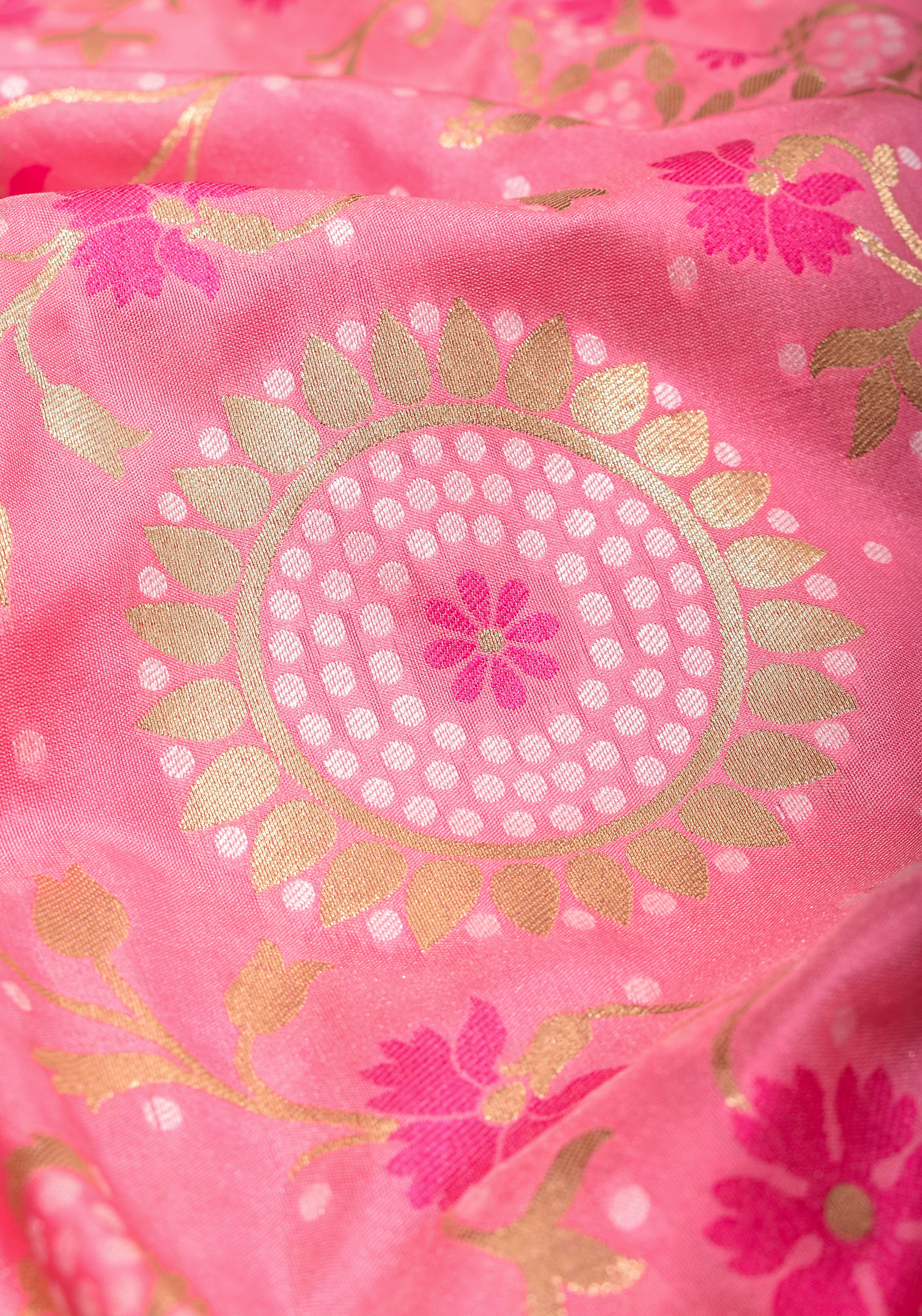 Exquisite Pink Semi Silk Saree with Floral jaal Meenakari Body Zari Border and Pallu | Shobitam