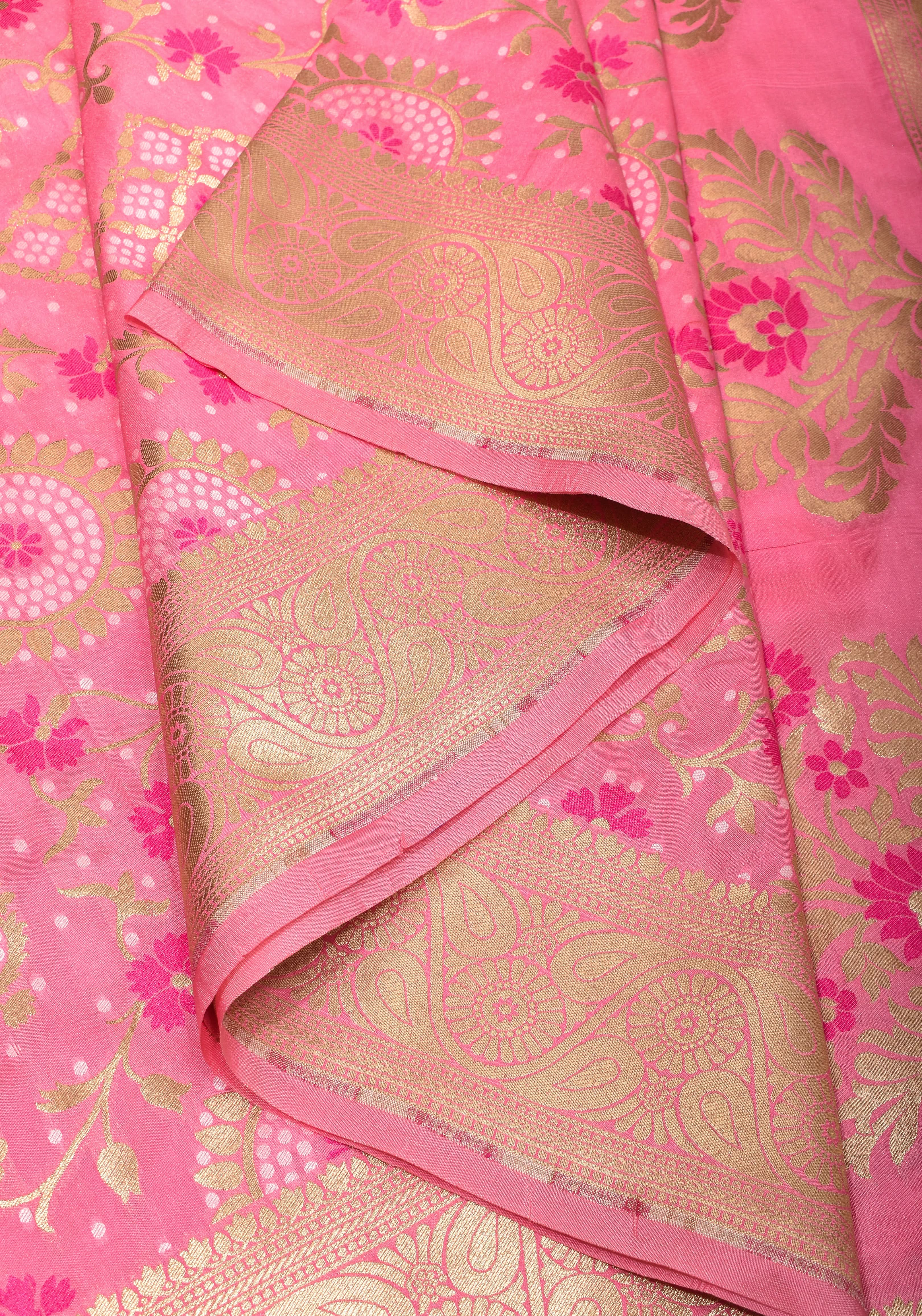 Exquisite Pink Semi Silk Saree with Floral jaal Meenakari Body Zari Border and Pallu | Shobitam
