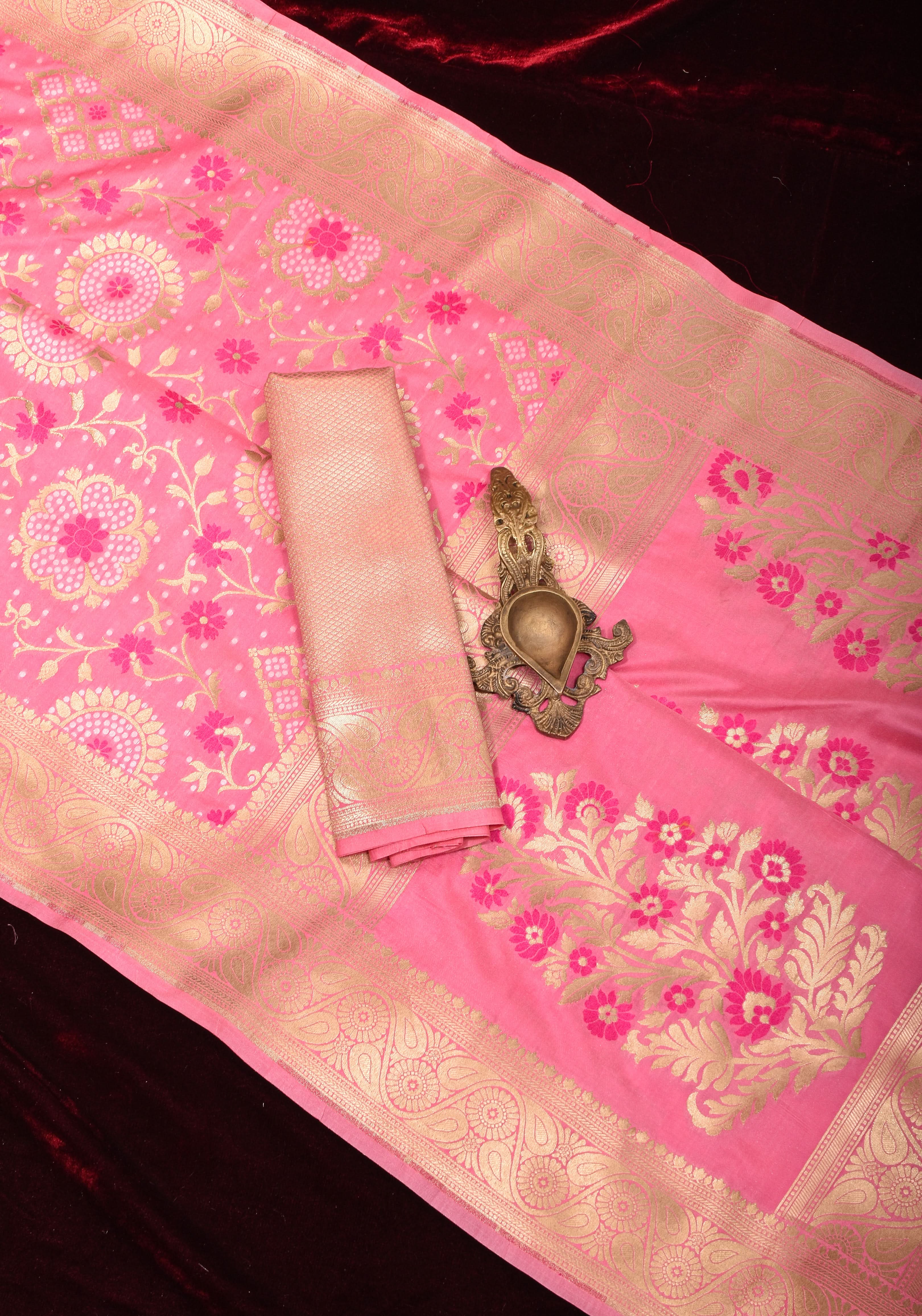 Exquisite Pink Semi Silk Saree with Floral jaal Meenakari Body Zari Border and Pallu | Shobitam