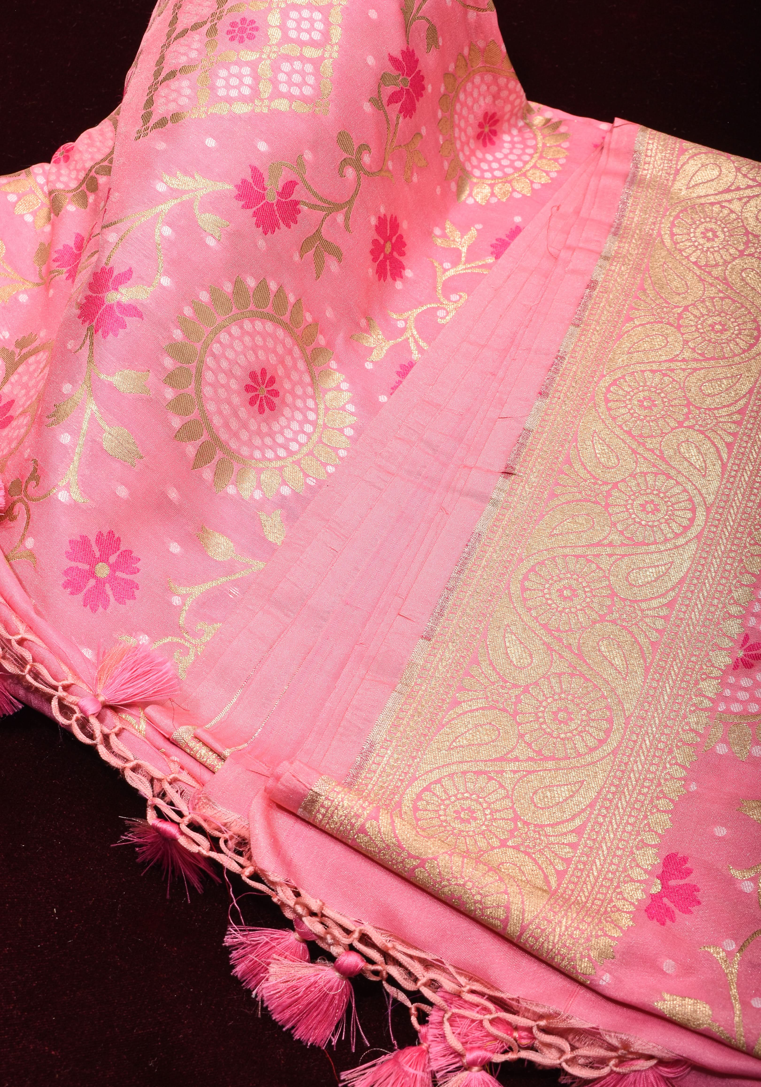 Exquisite Pink Semi Silk Saree with Floral jaal Meenakari Body Zari Border and Pallu | Shobitam