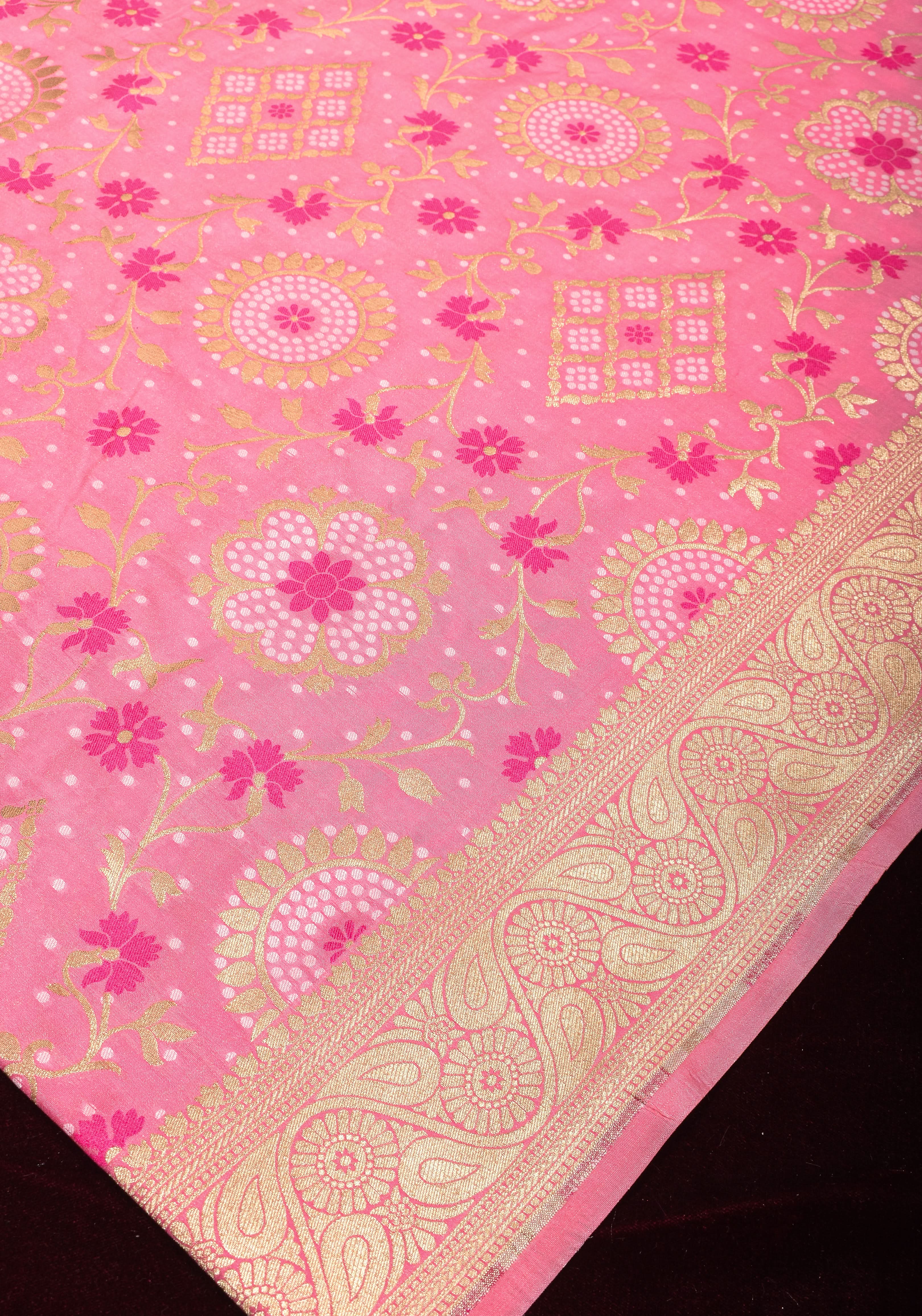 Exquisite Pink Semi Silk Saree with Floral jaal Meenakari Body Zari Border and Pallu | Shobitam