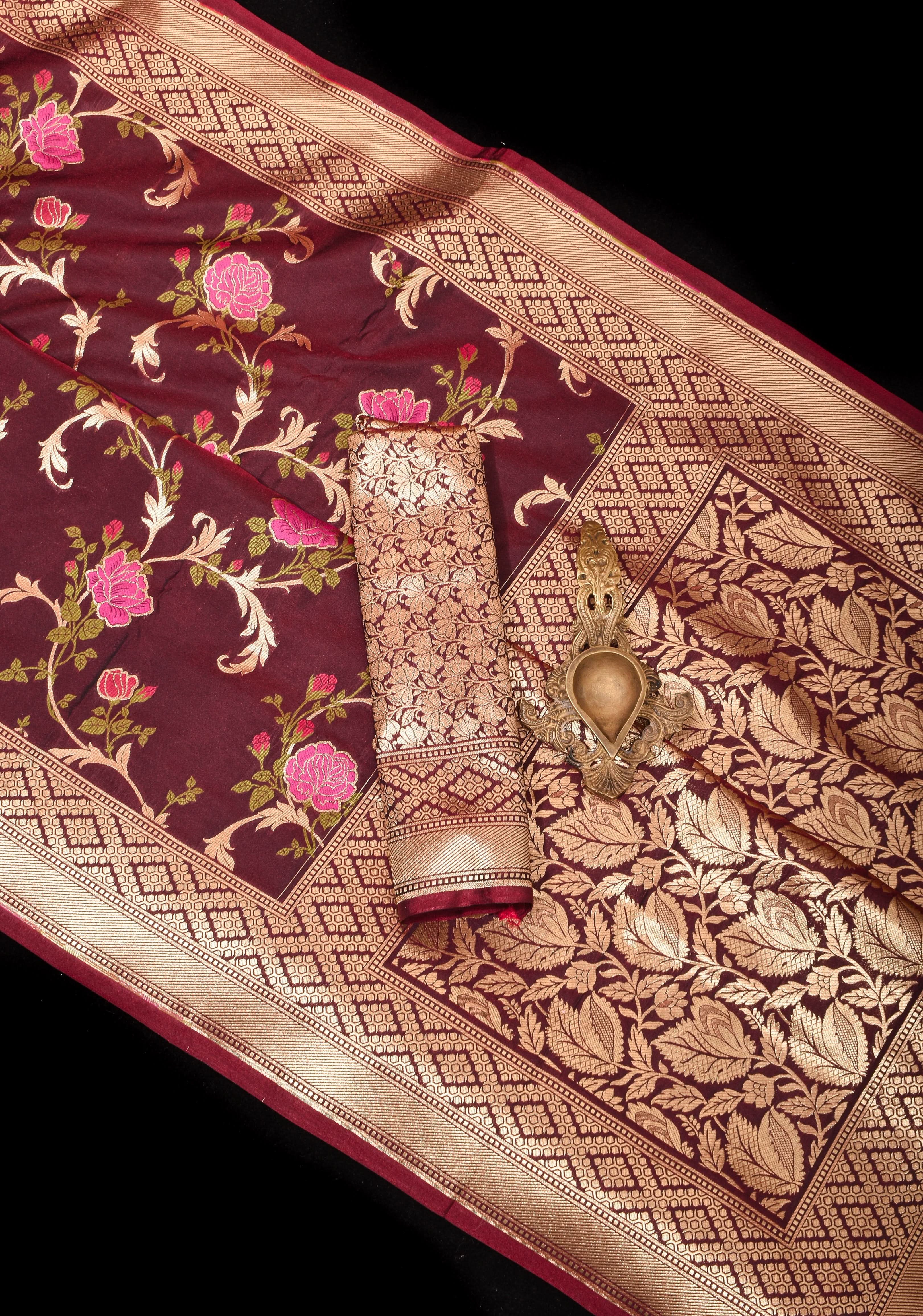 Rose Splendor: Brown Exquisite Meenakari Rose Jaal Semi-Silk Saree with Zari Border