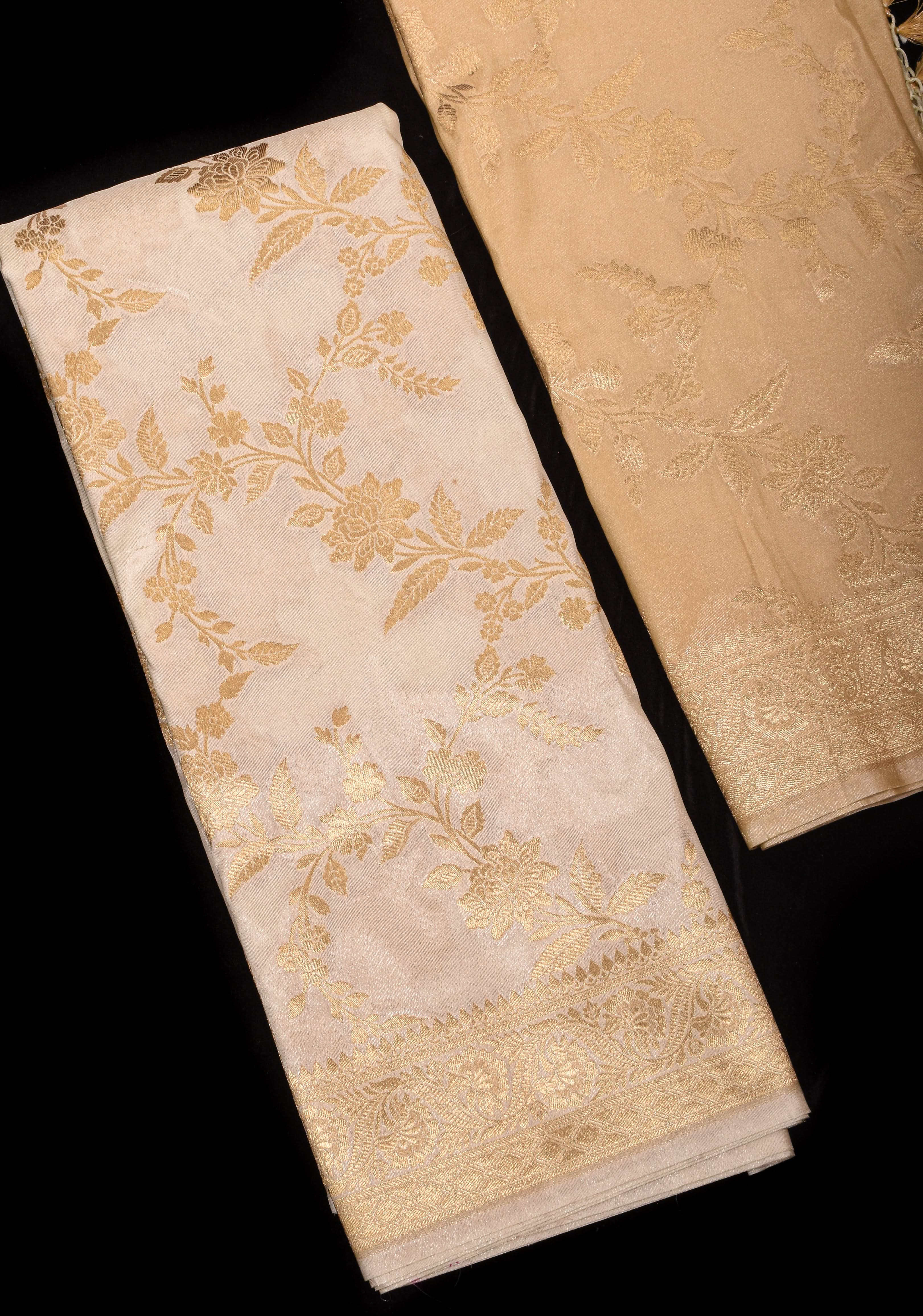 Ivory Tissue Semi silk saree with leheria Zari Floral vine Pattern and Meenakari Zari Pallu | SHOBITAM