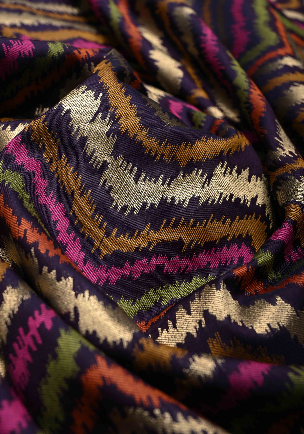Multicolor Semi Silk Saree with Chevron Design and Zari Border | SHOBITAM