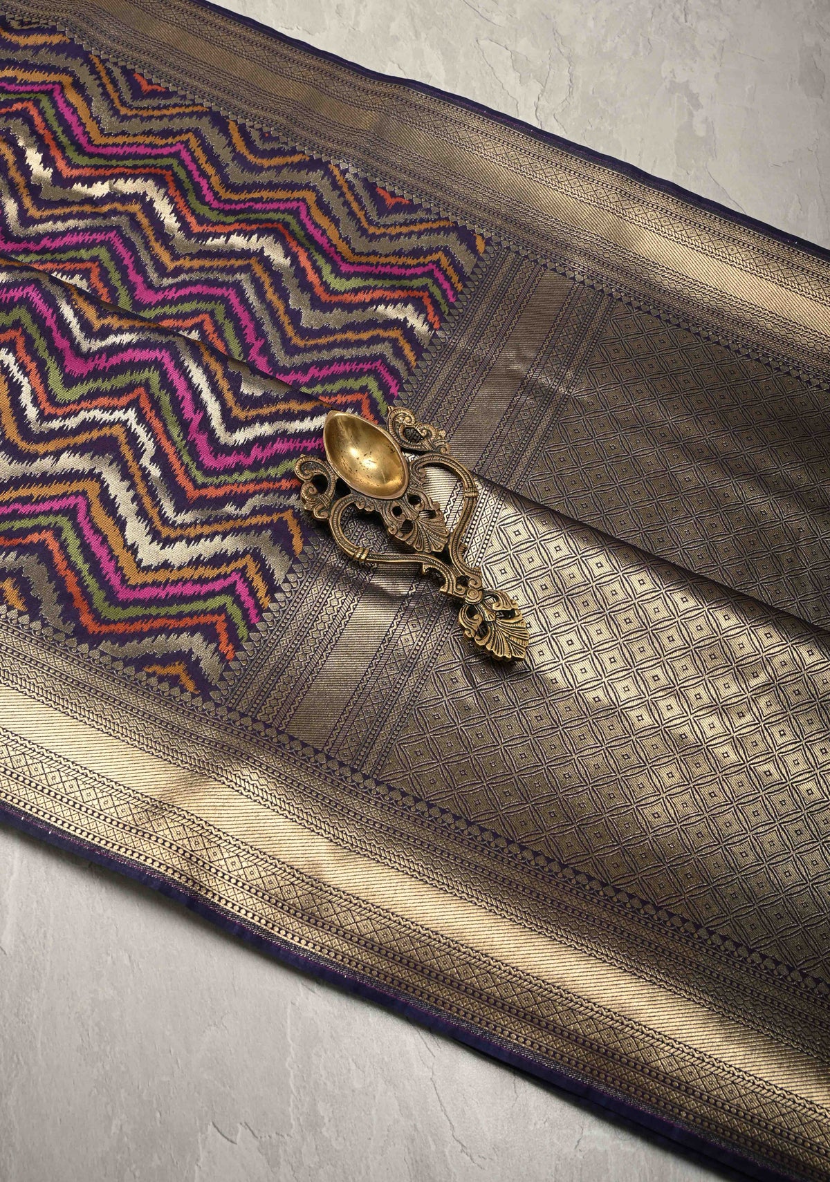 Multicolor Semi Silk Saree with Chevron Design and Zari Border | SHOBITAM