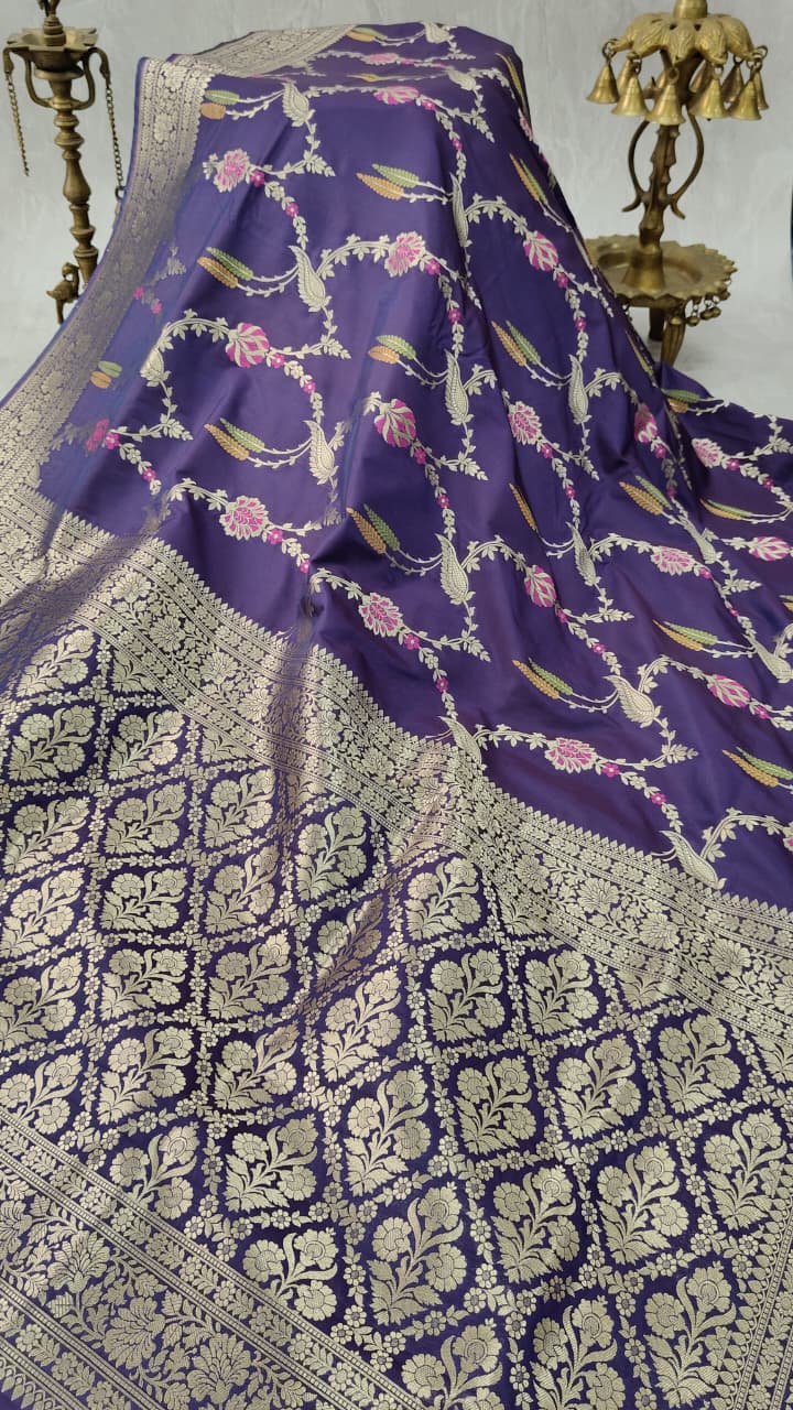 Egg Plant Purple Semi Silk Saree with Meenakari Floral Jall and Zari Border | Shobitam