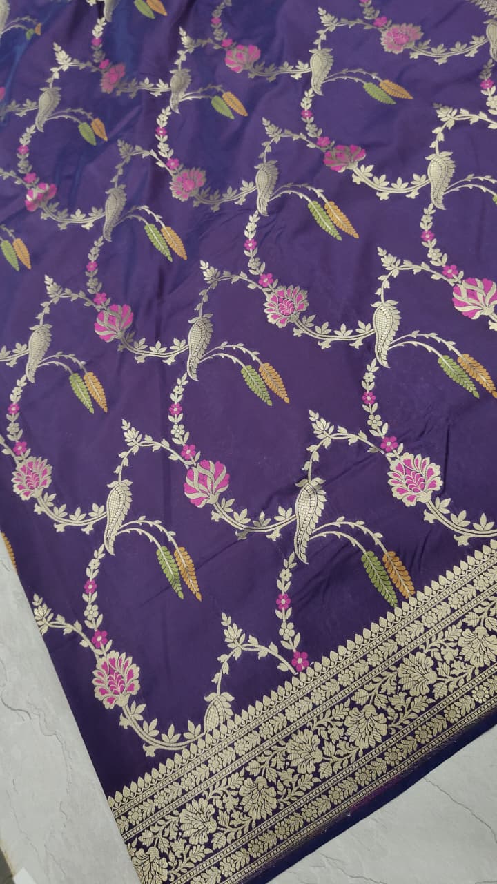 Egg Plant Purple Semi Silk Saree with Meenakari Floral Jall and Zari Border | Shobitam