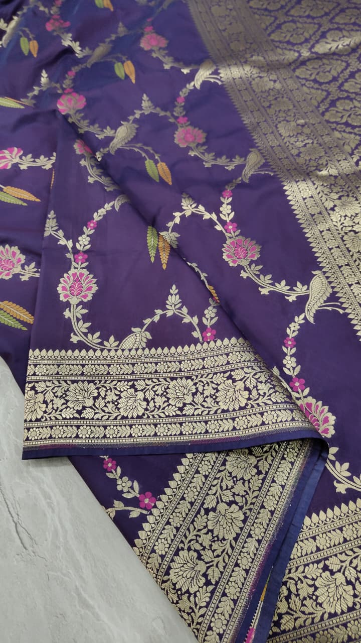 Egg Plant Purple Semi Silk Saree with Meenakari Floral Jall and Zari Border | Shobitam