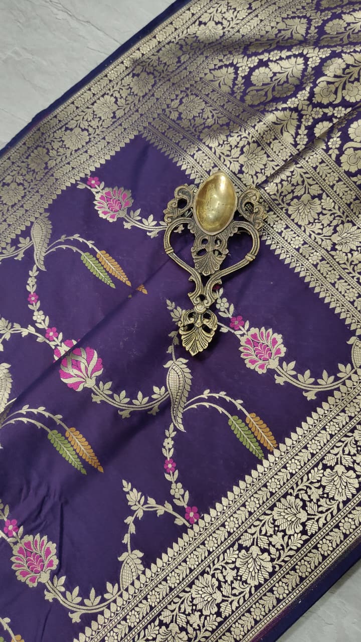 Egg Plant Purple Semi Silk Saree with Meenakari Floral Jall and Zari Border | Shobitam