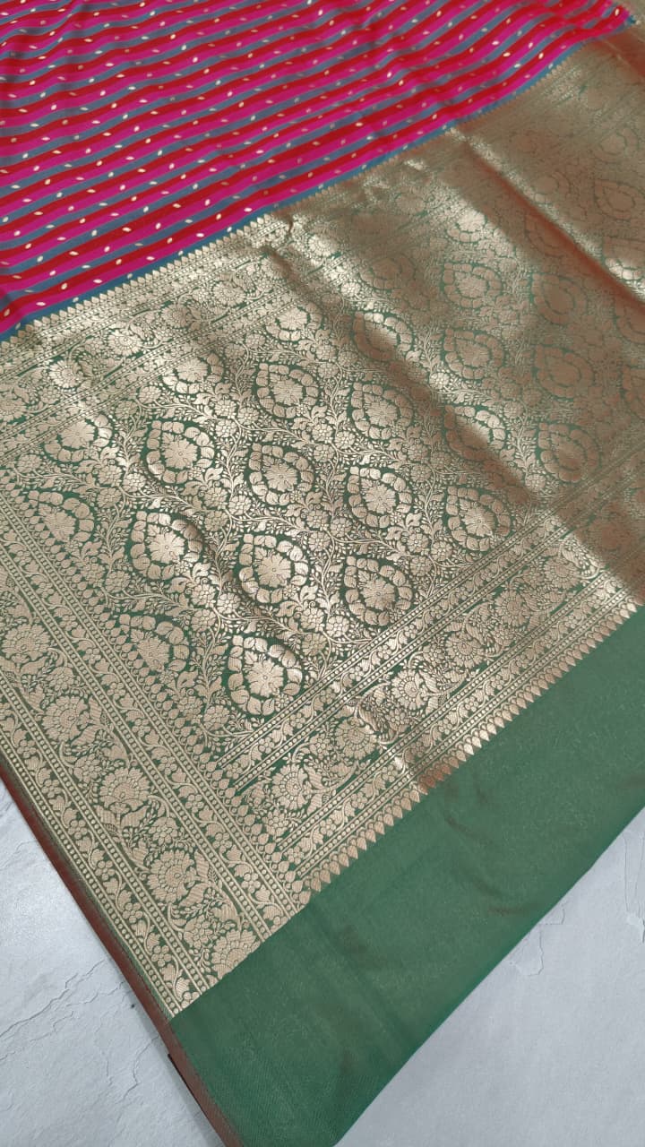 Multicolor Semi Silk Saree with Stripes Pattern-Zari Buttis and Zari Border | Shobitam