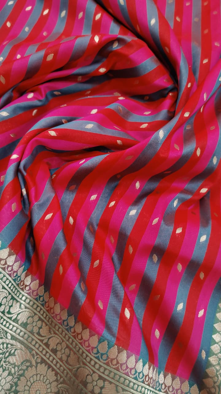 Multicolor Semi Silk Saree with Stripes Pattern-Zari Buttis and Zari Border | Shobitam