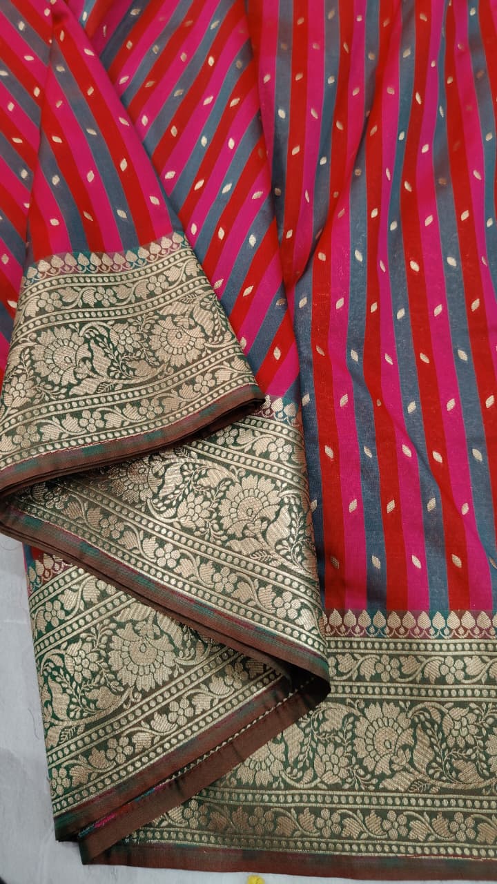 Multicolor Semi Silk Saree with Stripes Pattern-Zari Buttis and Zari Border | Shobitam