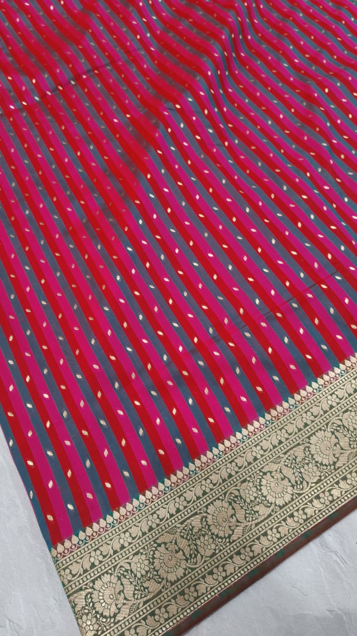 Multicolor Semi Silk Saree with Stripes Pattern-Zari Buttis and Zari Border | Shobitam