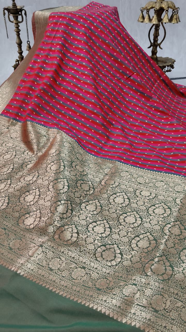 Multicolor Semi Silk Saree with Stripes Pattern-Zari Buttis and Zari Border | Shobitam