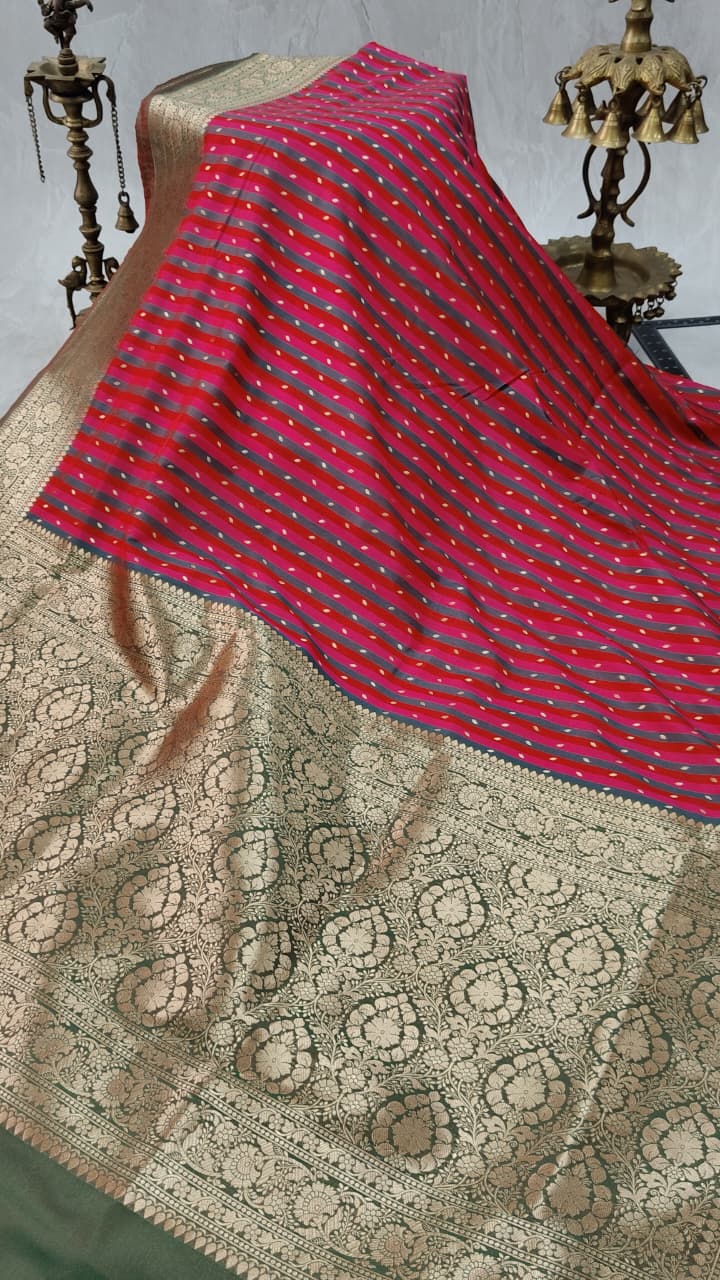 Multicolor Semi Silk Saree with Stripes Pattern-Zari Buttis and Zari Border | Shobitam