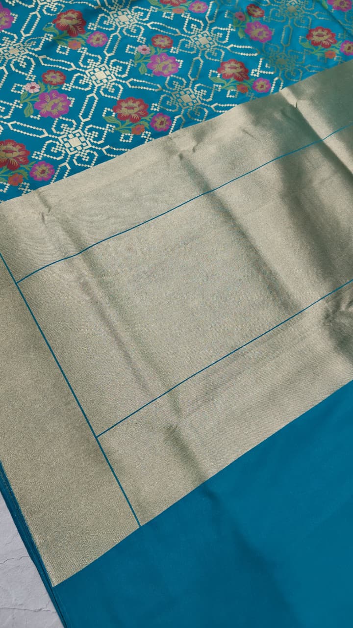 Green Semi Silk Saree with Meenakari Floral Jaal and Zari Border | Shobitam