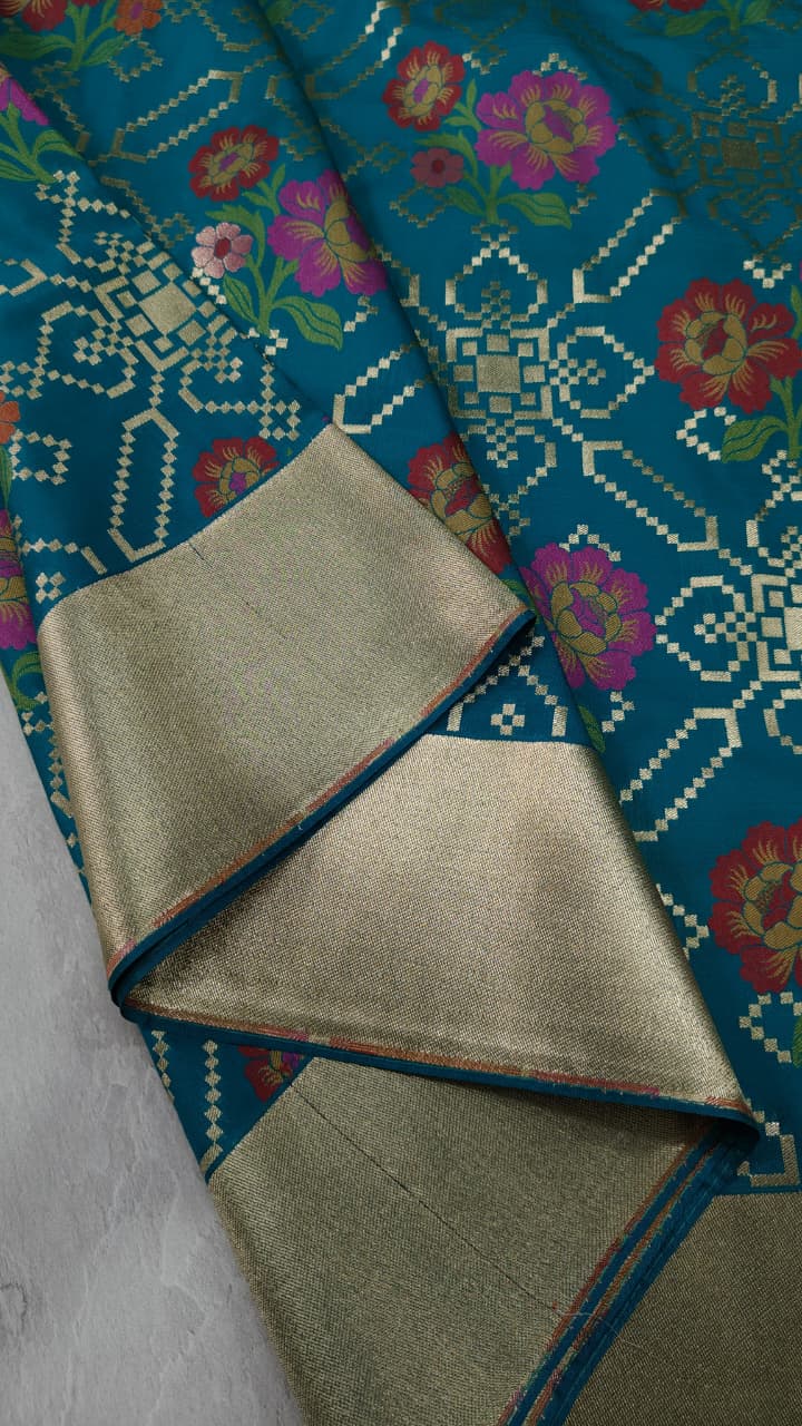 Green Semi Silk Saree with Meenakari Floral Jaal and Zari Border | Shobitam