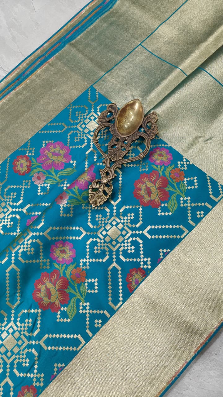 Green Semi Silk Saree with Meenakari Floral Jaal and Zari Border | Shobitam