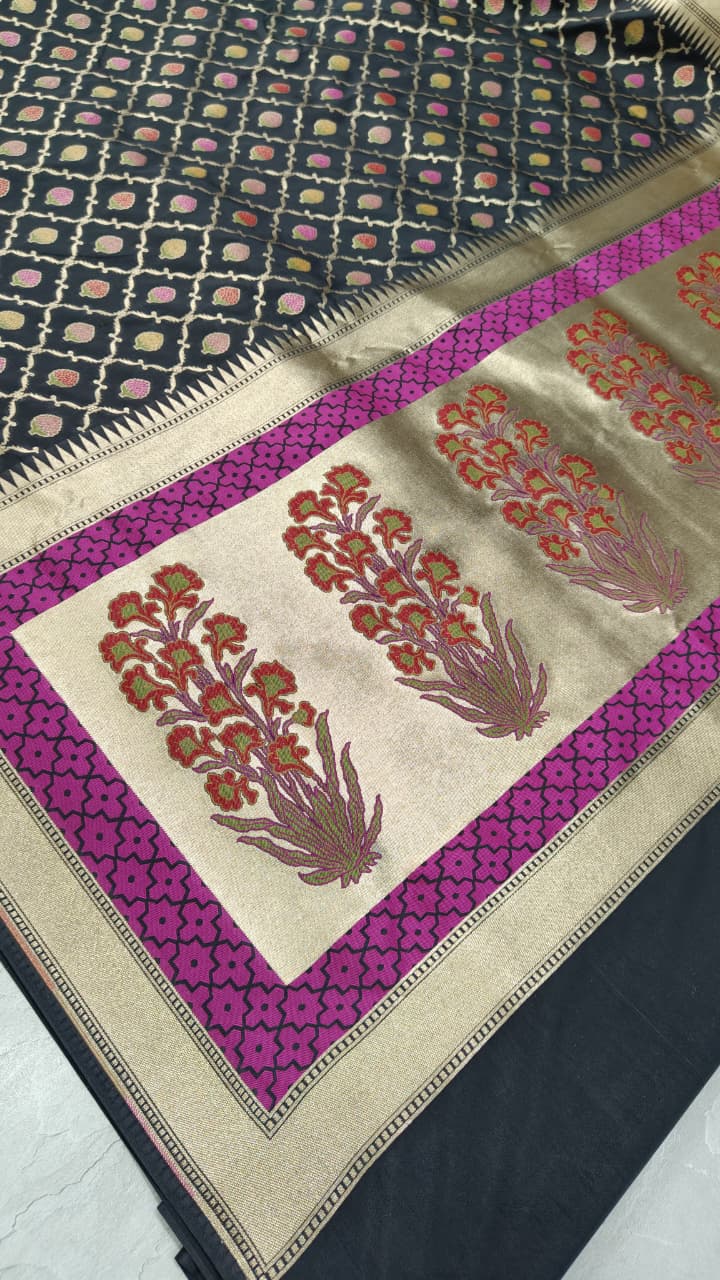 Black Semi Silk Saree with Meenakari Buttas Trellis Jaal and Zari Border | Shobitam