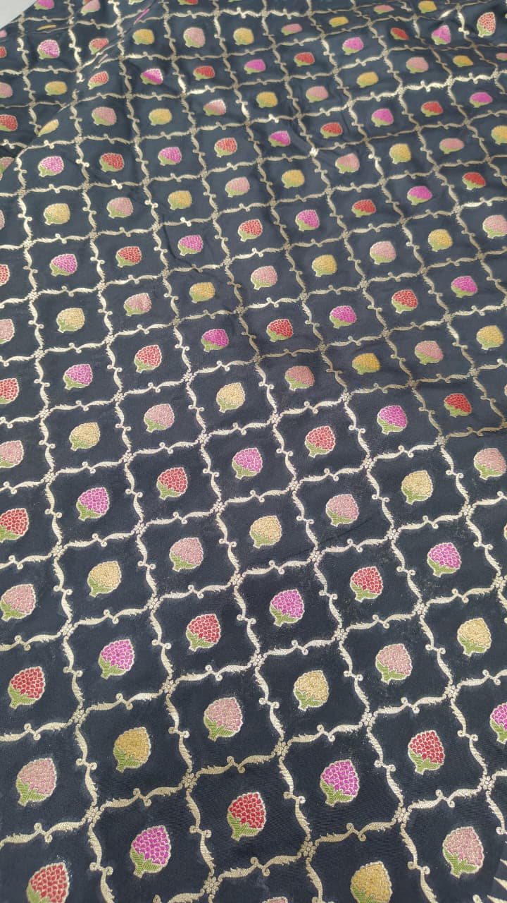 Black Semi Silk Saree with Meenakari Buttas Trellis Jaal and Zari Border | Shobitam