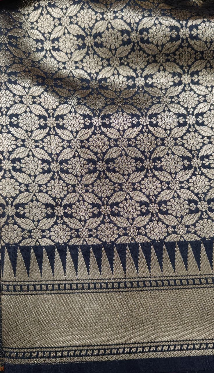 Black Semi Silk Saree with Meenakari Buttas Trellis Jaal and Zari Border | Shobitam