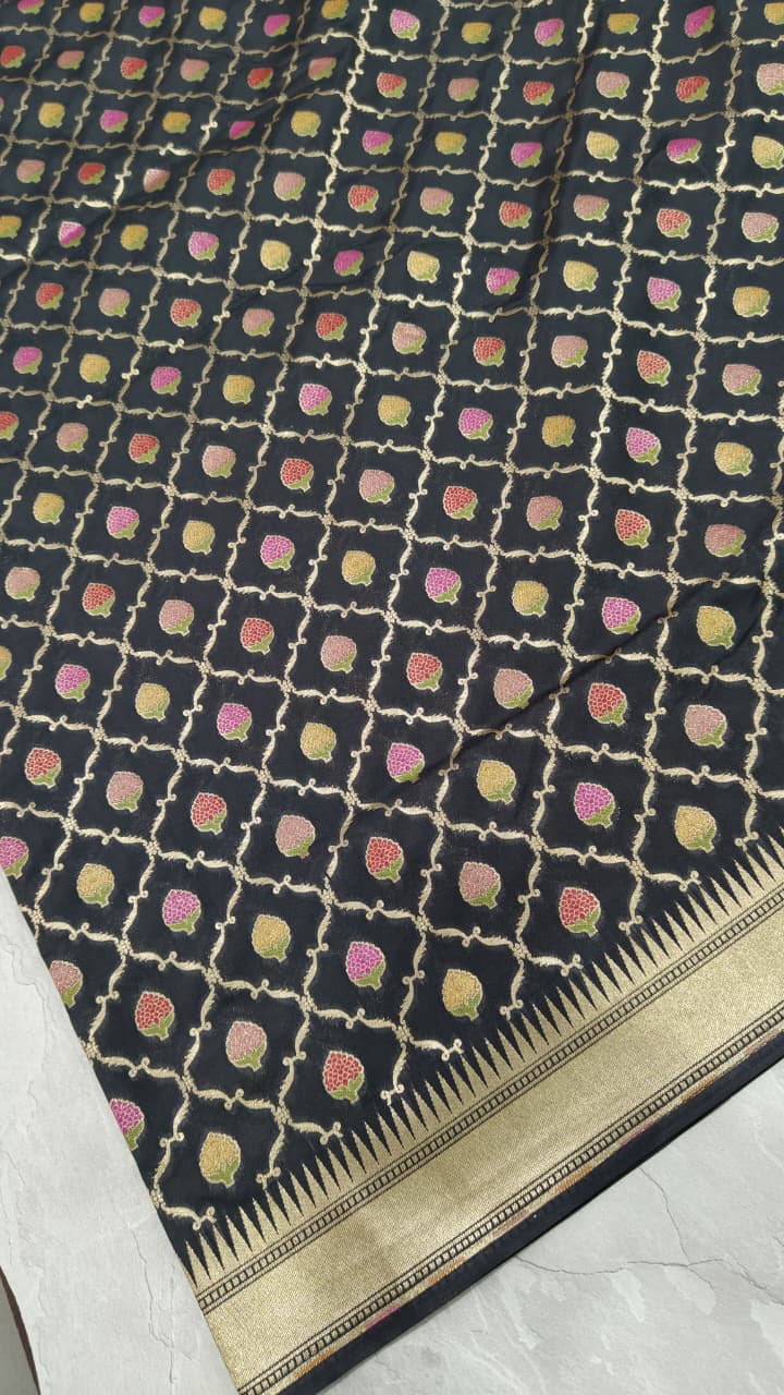 Black Semi Silk Saree with Meenakari Buttas Trellis Jaal and Zari Border | Shobitam