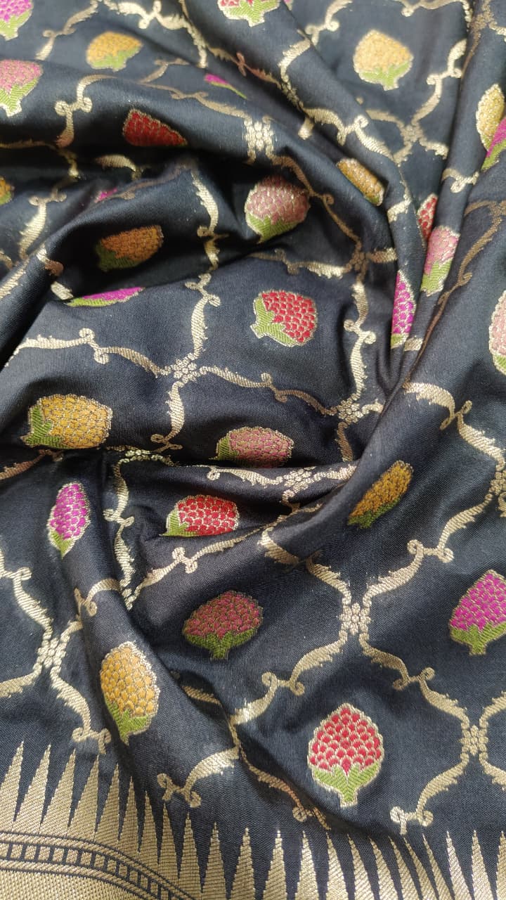 Black Semi Silk Saree with Meenakari Buttas Trellis Jaal and Zari Border | Shobitam