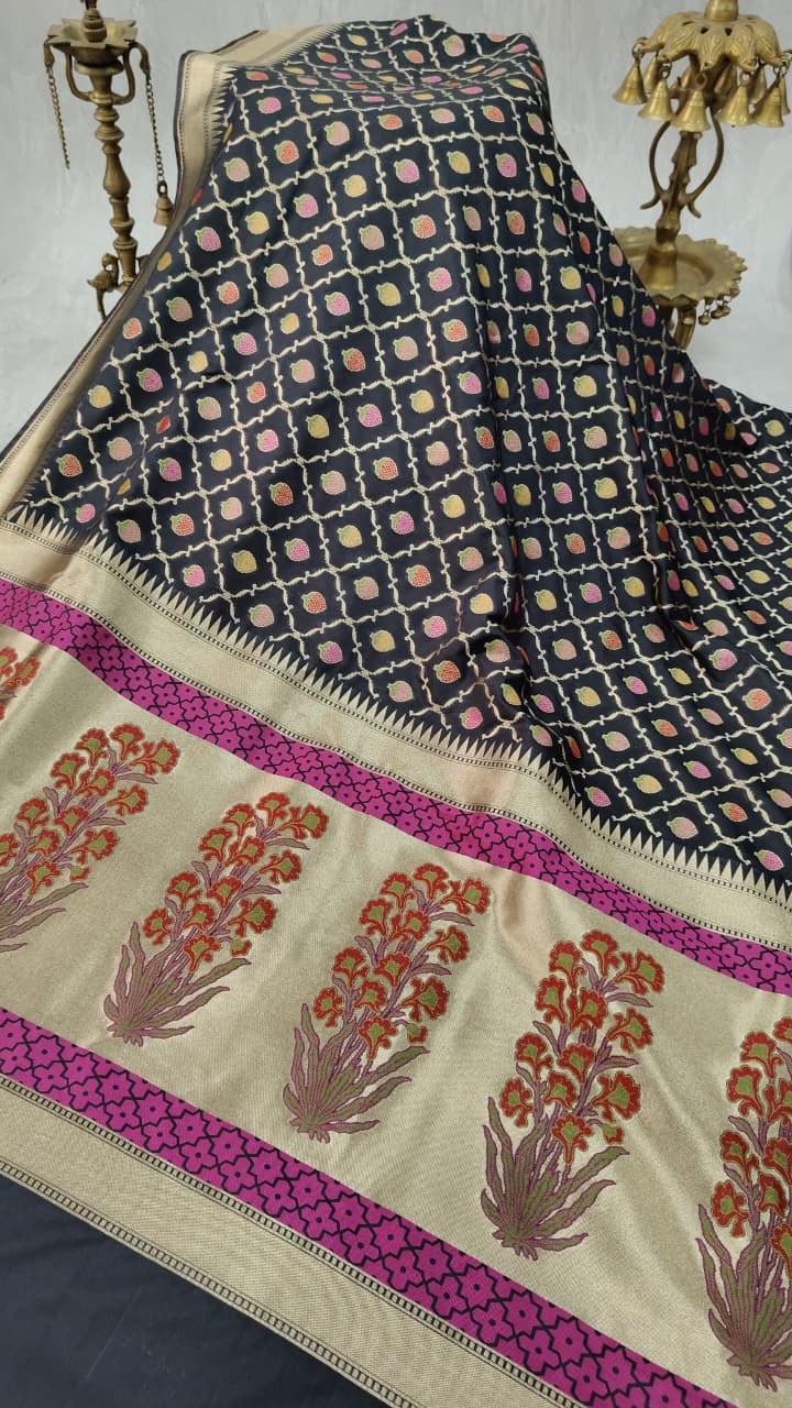 Black Semi Silk Saree with Meenakari Buttas Trellis Jaal and Zari Border | Shobitam