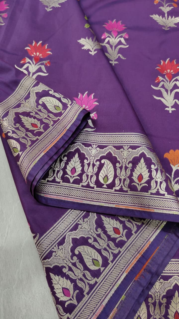 Grape Purple Semi Silk Saree with Meenakari Floral Butta and Border | Shobitam