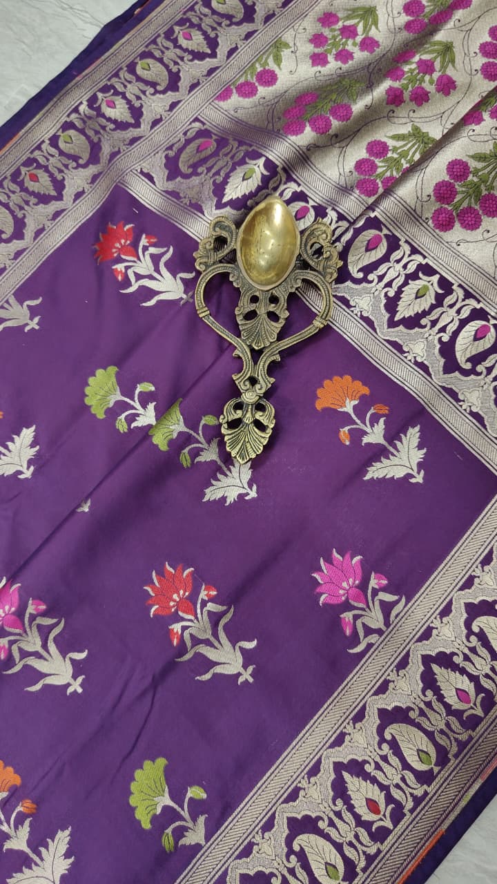 Grape Purple Semi Silk Saree with Meenakari Floral Butta and Border | Shobitam