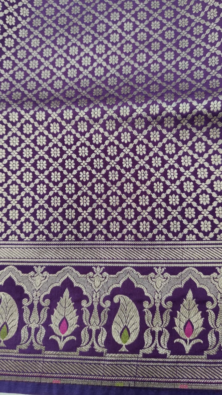 Grape Purple Semi Silk Saree with Meenakari Floral Butta and Border | Shobitam