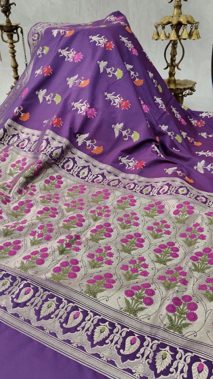 Grape Purple Semi Silk Saree with Meenakari Floral Butta and Border | Shobitam