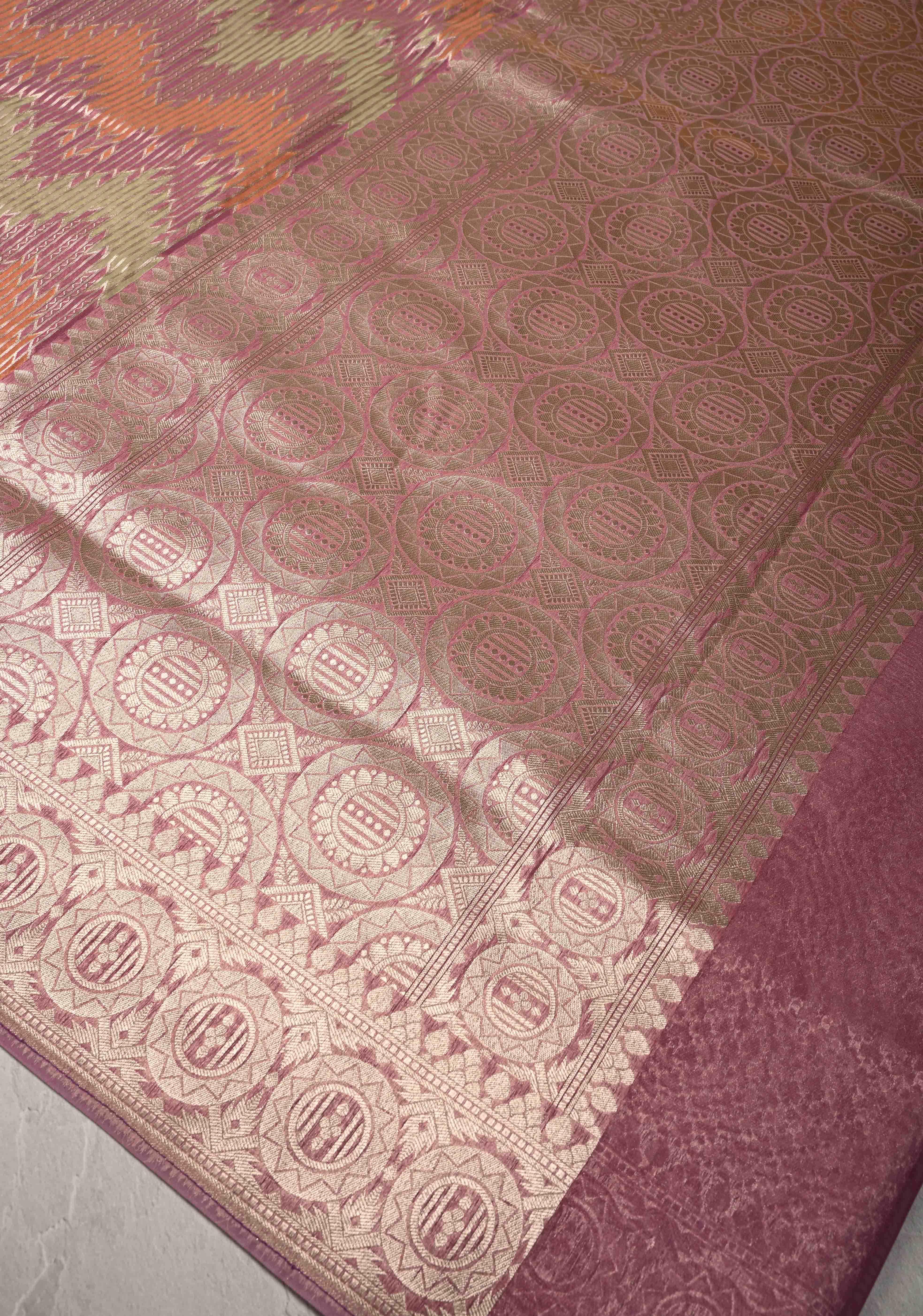 Pastel Hued Rangkaat Style on Banarasi Semi Kora Saree with Chevron Pattern and Zari Border | Shobitam