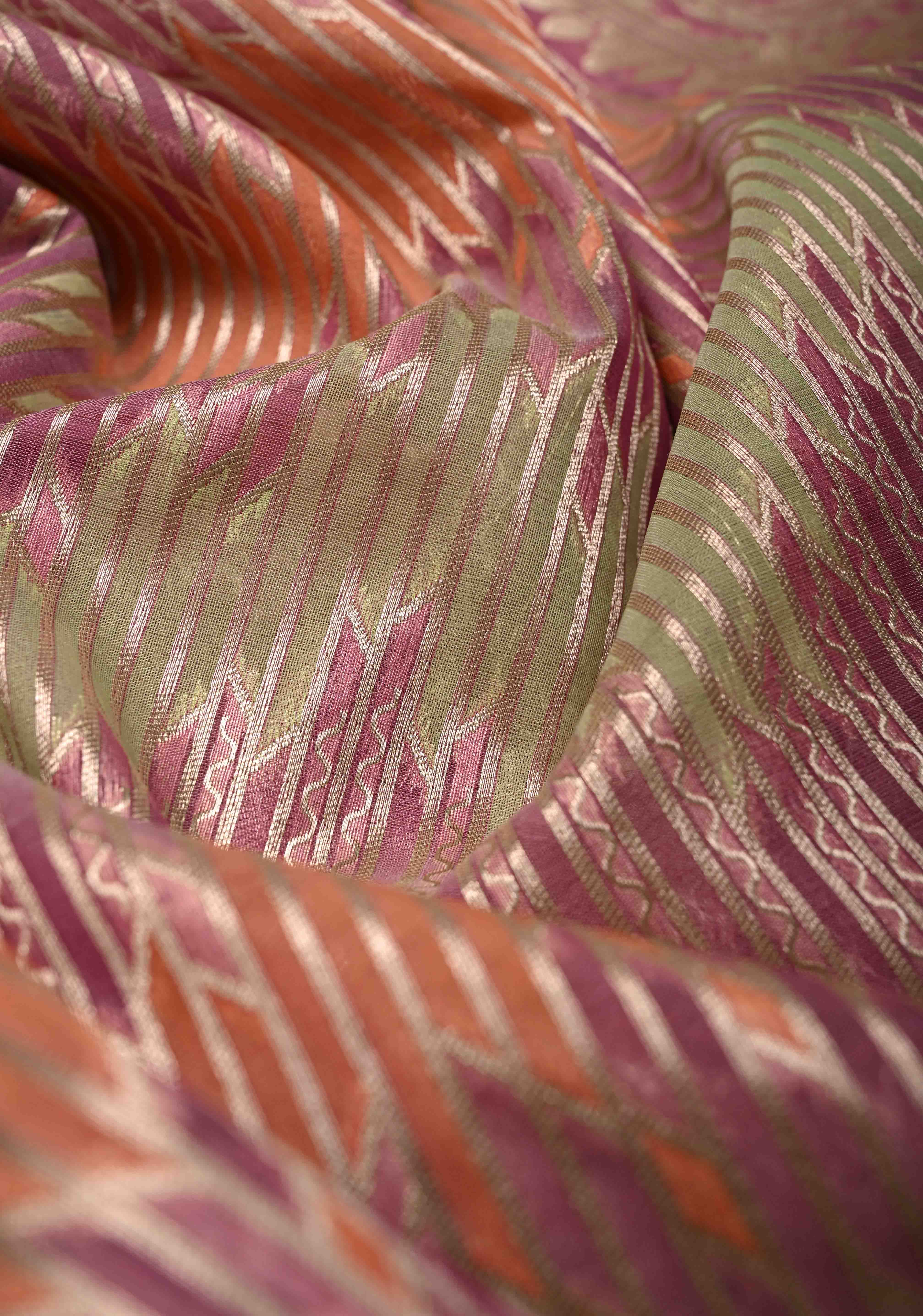 Pastel Hued Rangkaat Style on Banarasi Semi Kora Saree with Chevron Pattern and Zari Border | Shobitam