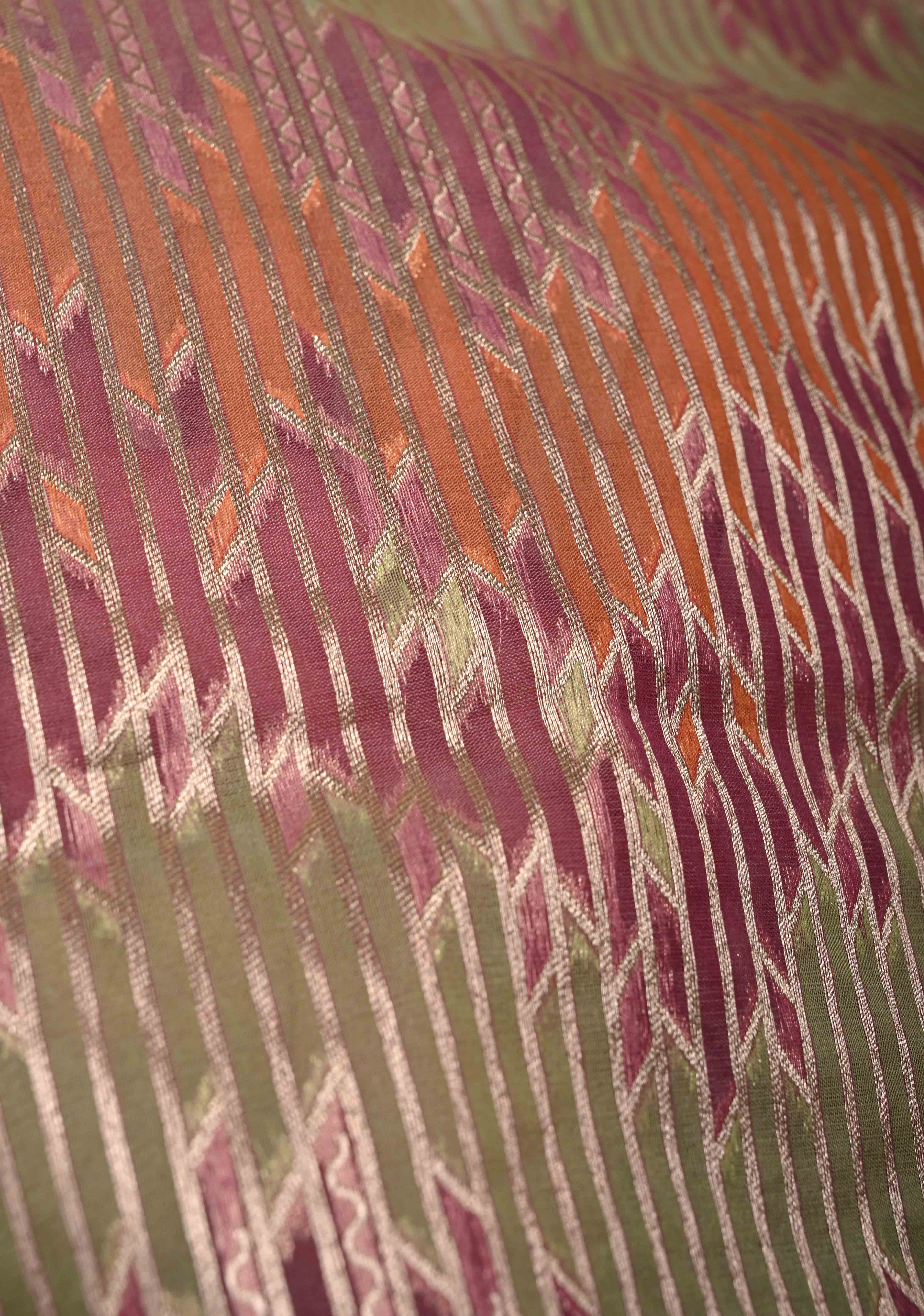 Pastel Hued Rangkaat Style on Banarasi Semi Kora Saree with Chevron Pattern and Zari Border | Shobitam