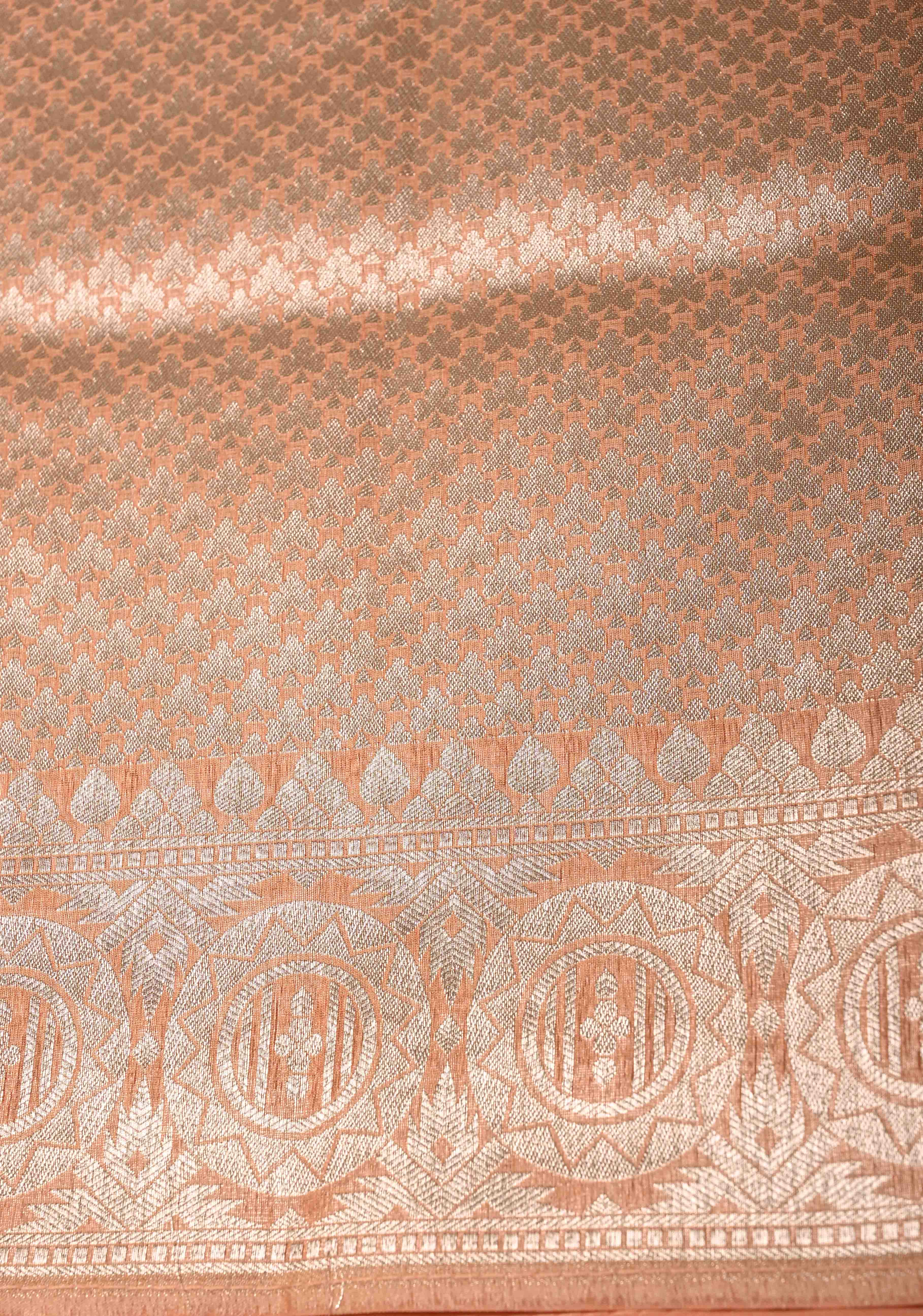 Pastel Hued Rangkaat Style on Banarasi Semi Kora Saree with Chevron Pattern and Zari Border | Shobitam