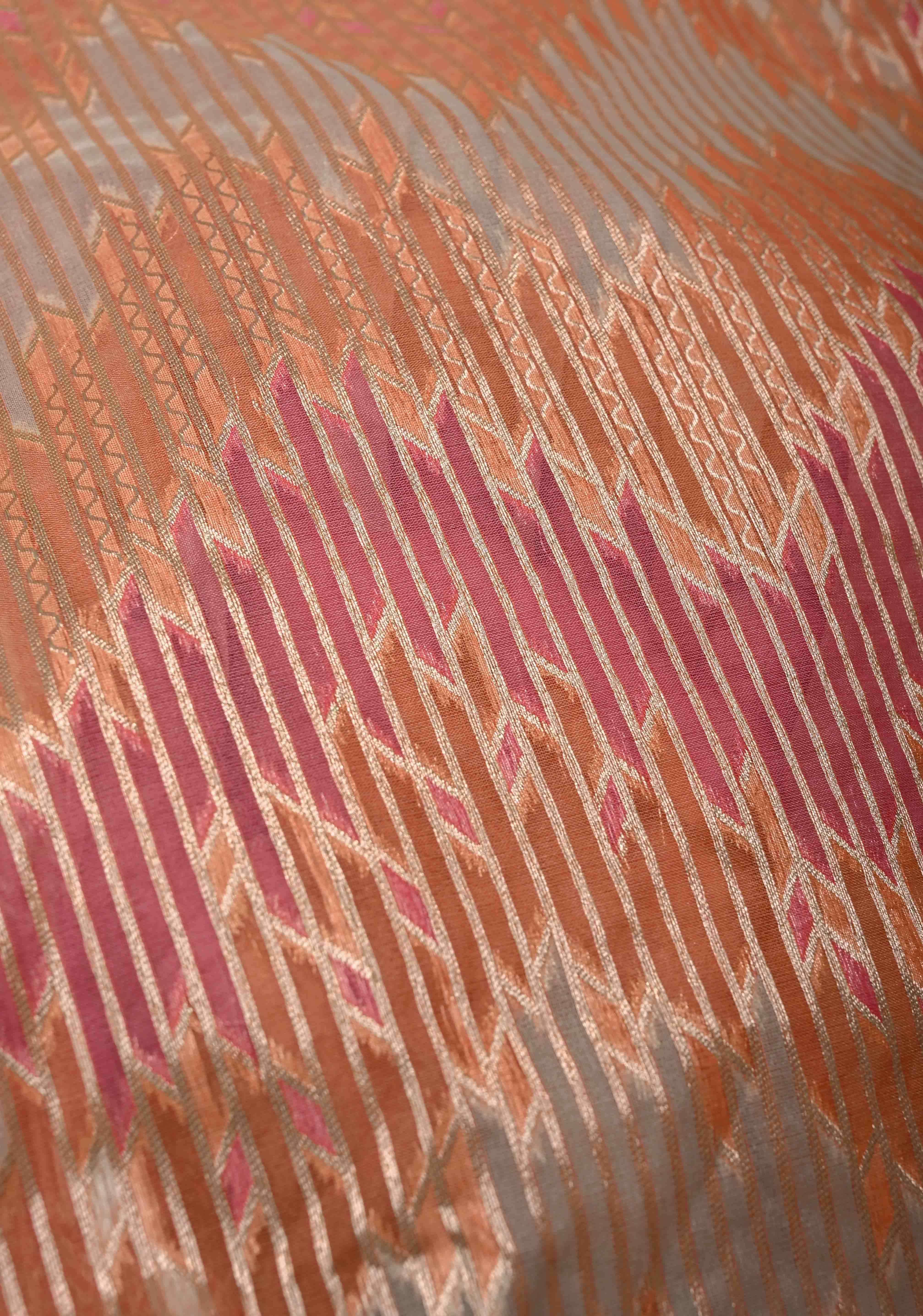 Pastel Hued Rangkaat Style on Banarasi Semi Kora Saree with Chevron Pattern and Zari Border | Shobitam