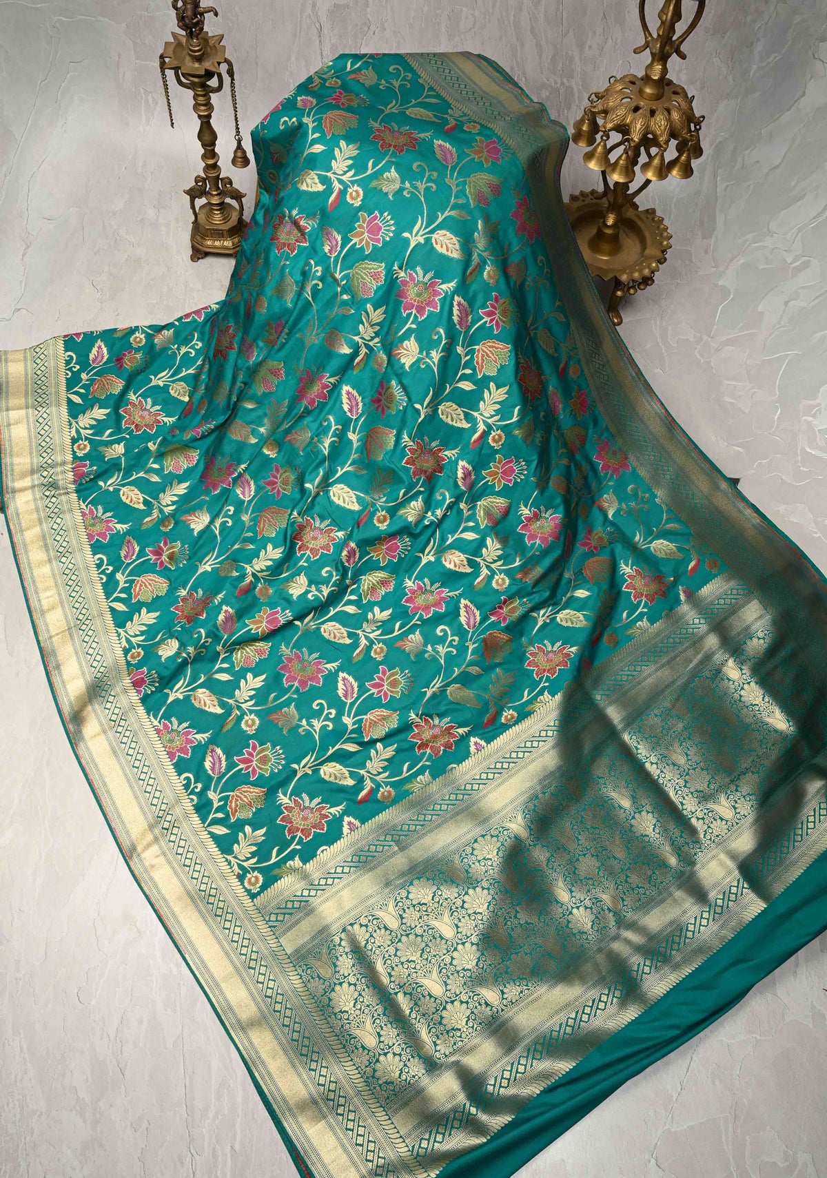 Rama Green Semi Silk Saree with Meenakari Floral Jaal and Zari Border | SHOBITAM