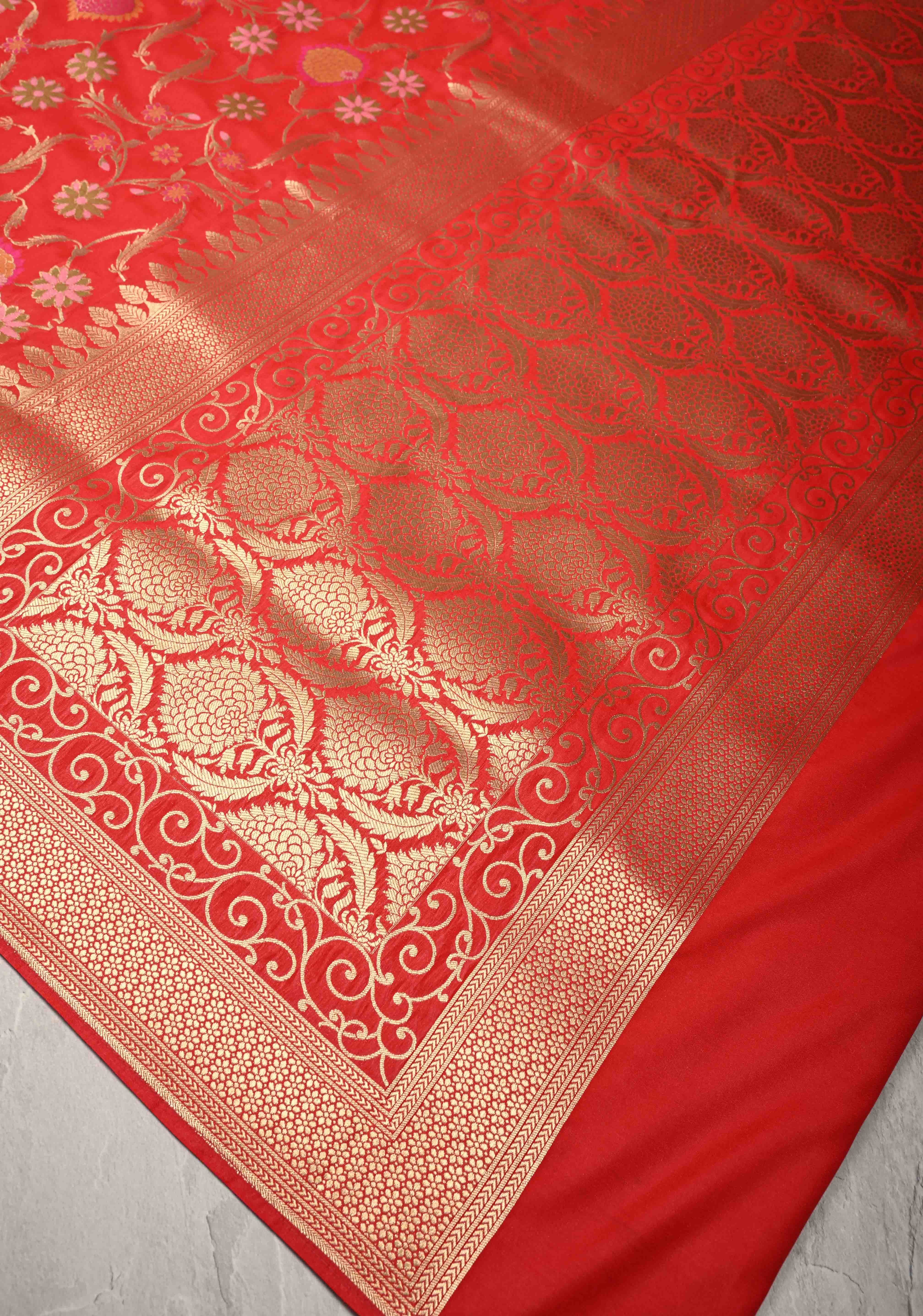 Red Semi Silk Saree with Meenakari Floral Jaal and Zari Border | Shobitam