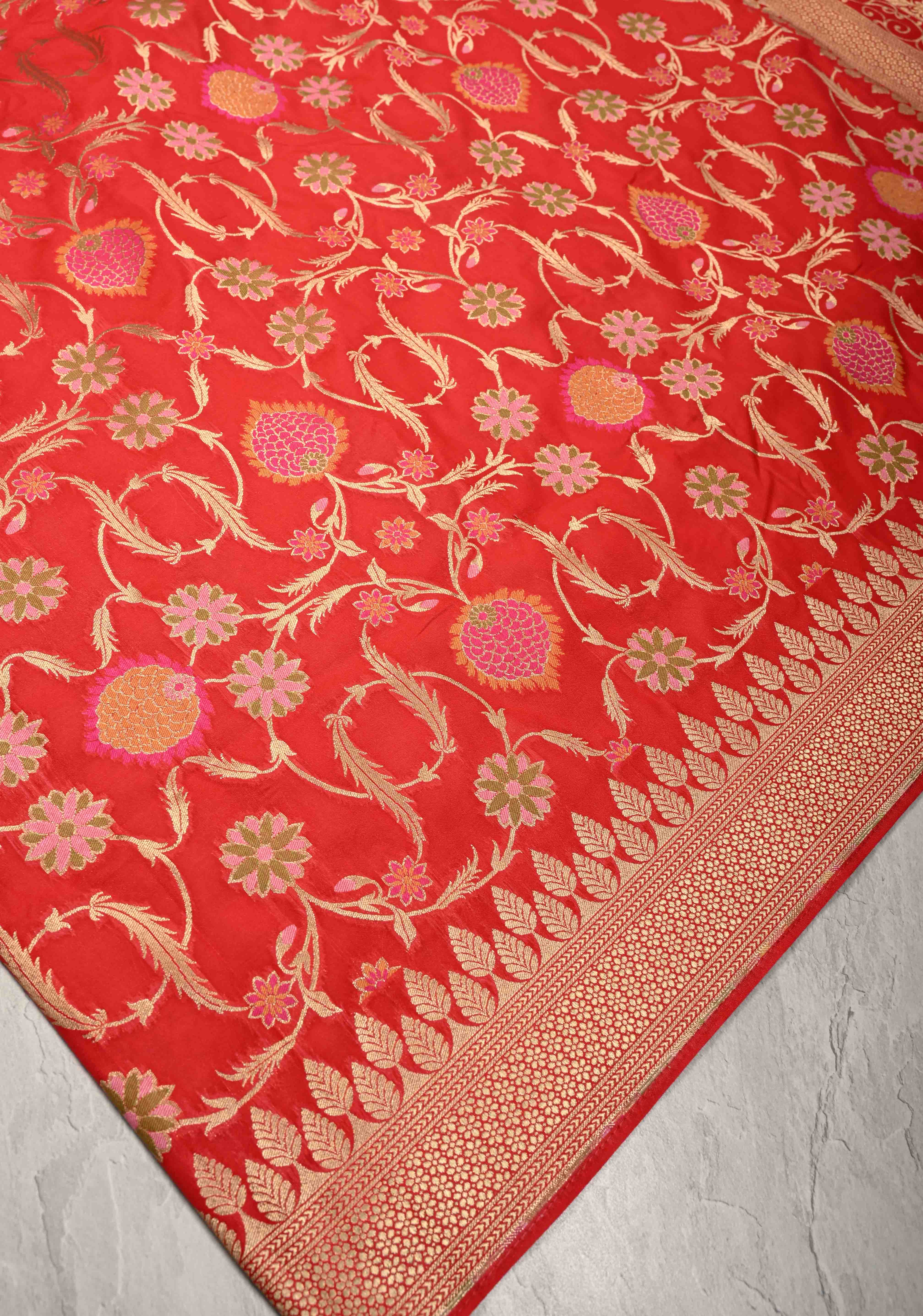Red Semi Silk Saree with Meenakari Floral Jaal and Zari Border | Shobitam