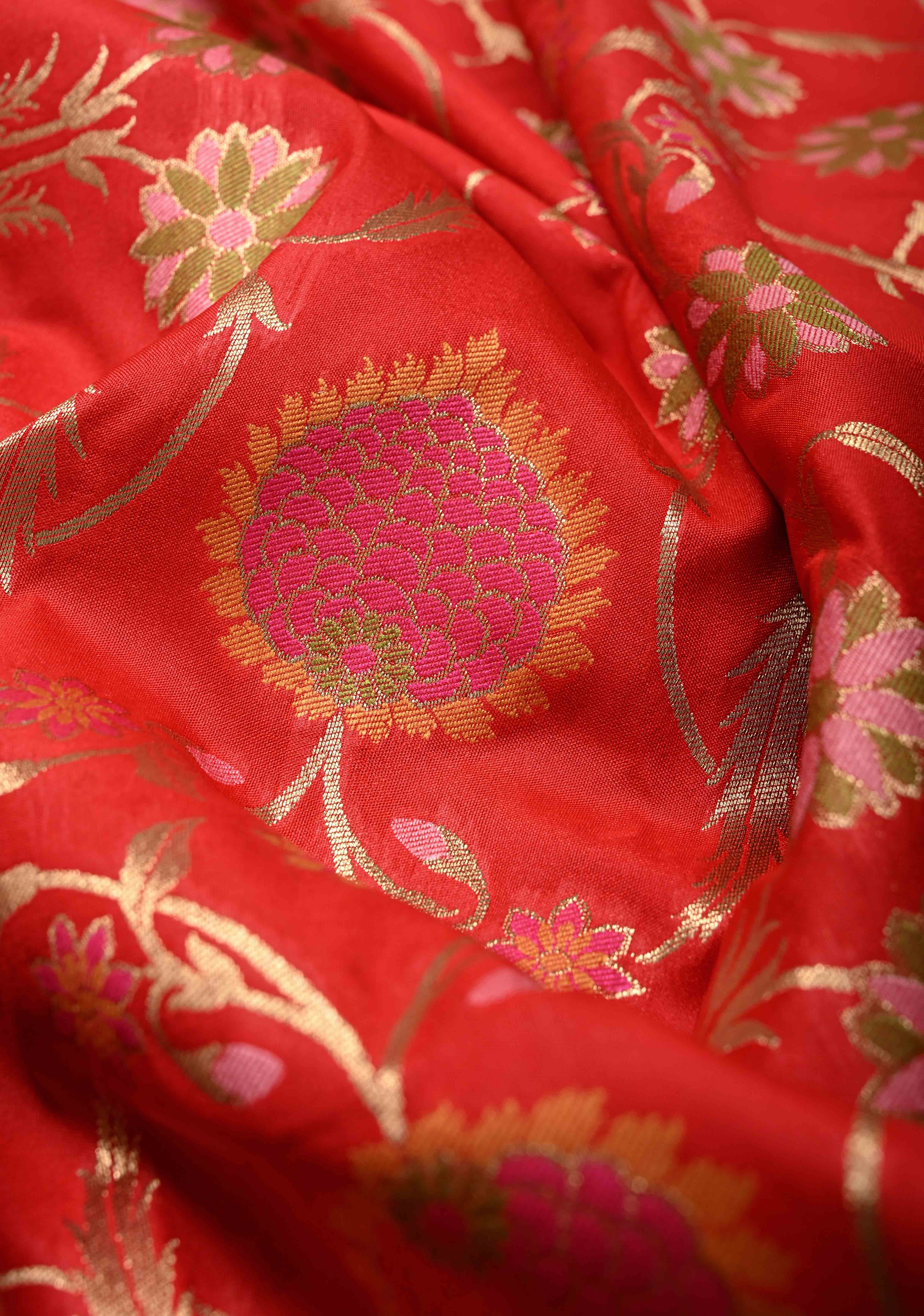 Red Semi Silk Saree with Meenakari Floral Jaal and Zari Border | Shobitam