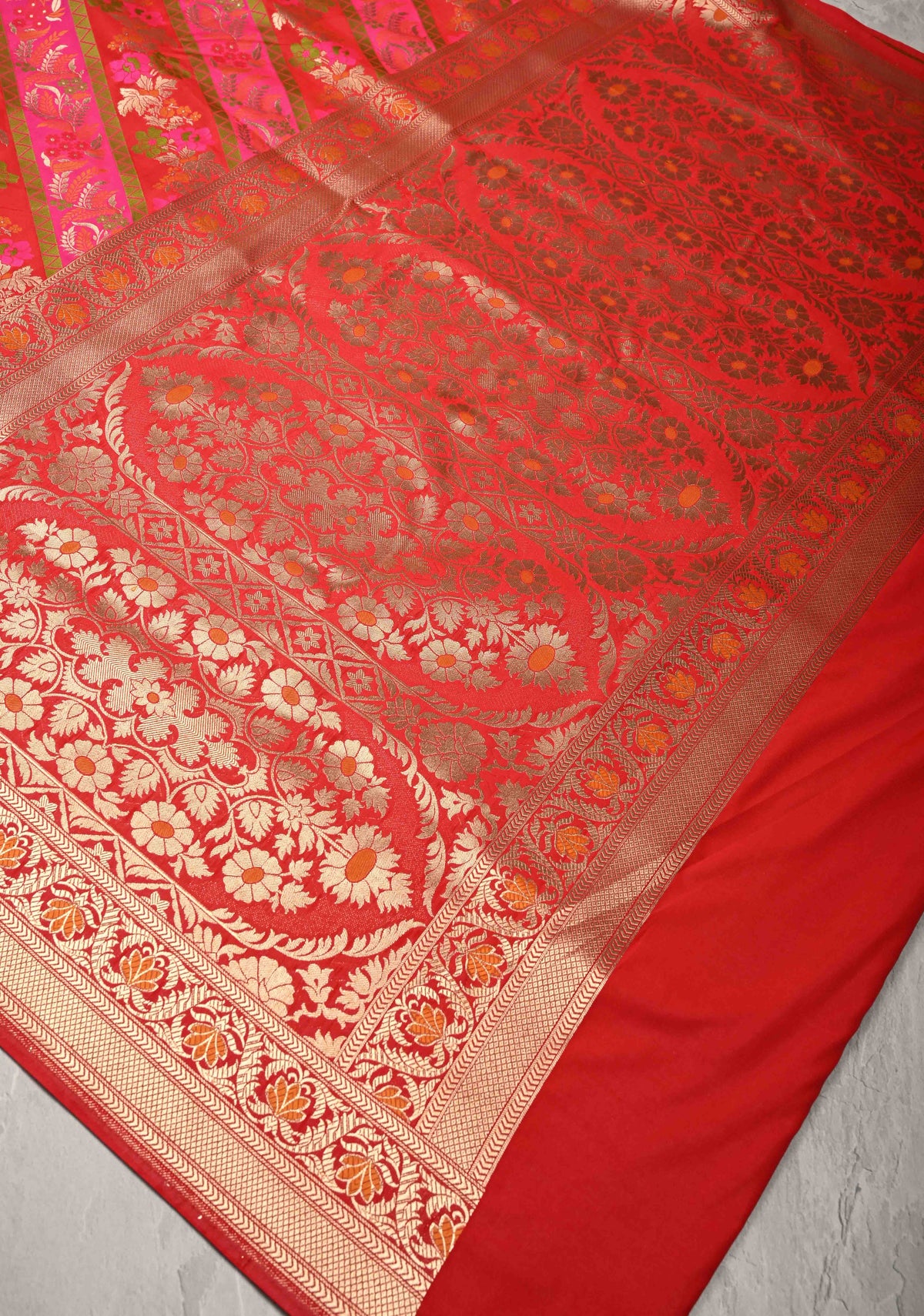 Red-Pink Rangkaat Style on Semi Silk Saree with Meenakari Diagonal Stripes and Zari Border | SHOBITAM