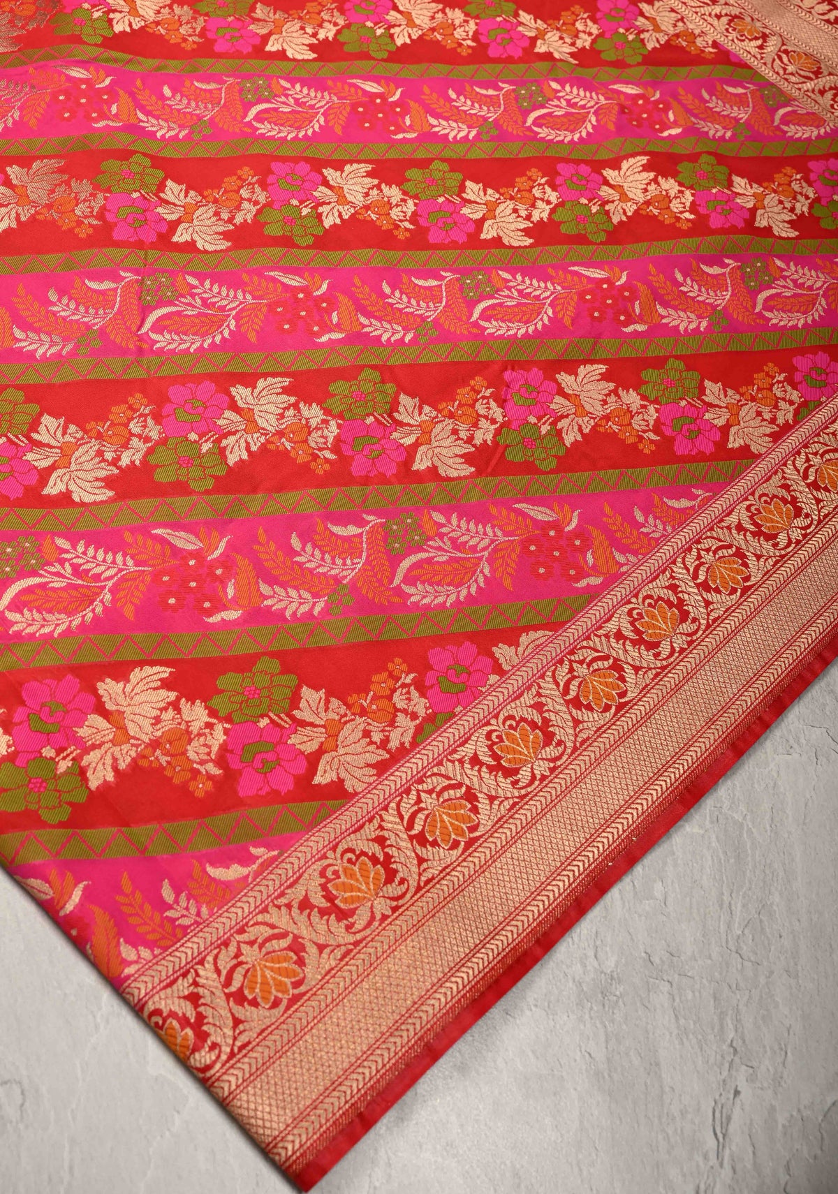 Red-Pink Rangkaat Style on Semi Silk Saree with Meenakari Diagonal Stripes and Zari Border | SHOBITAM