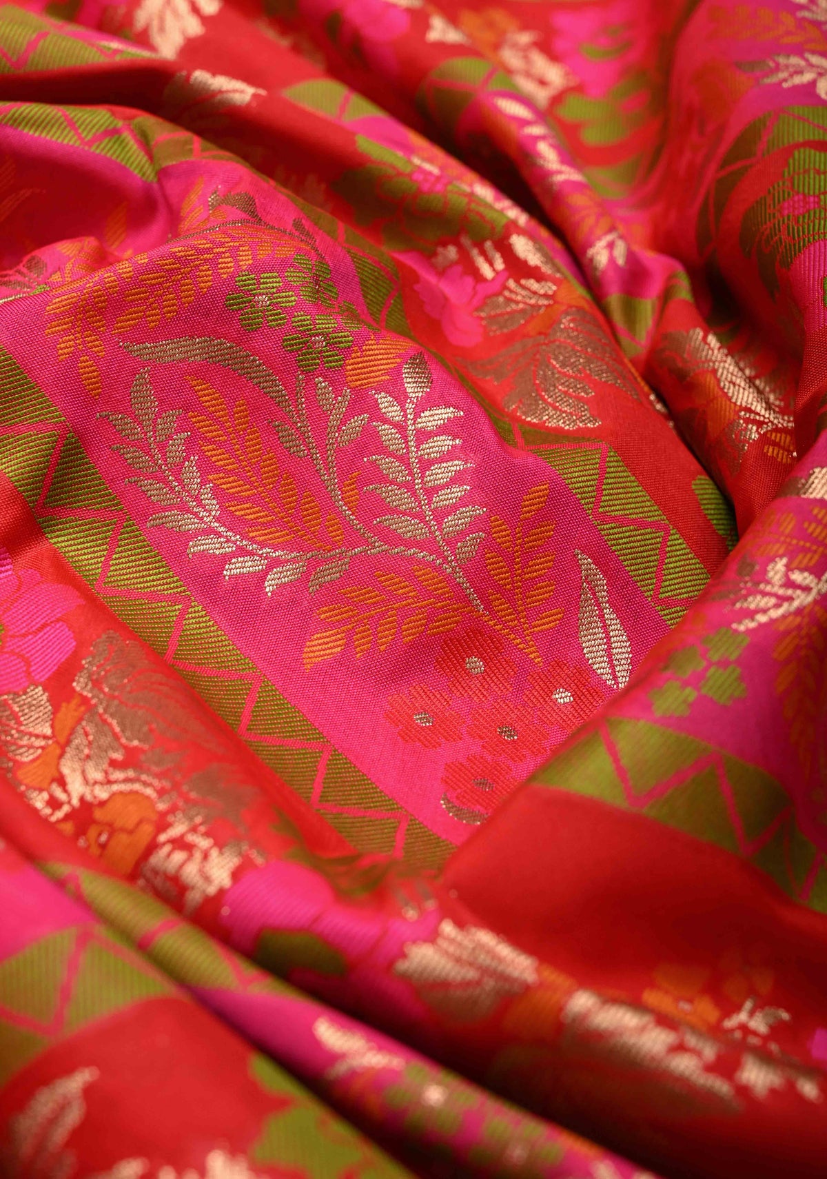 Red-Pink Rangkaat Style on Semi Silk Saree with Meenakari Diagonal Stripes and Zari Border | SHOBITAM