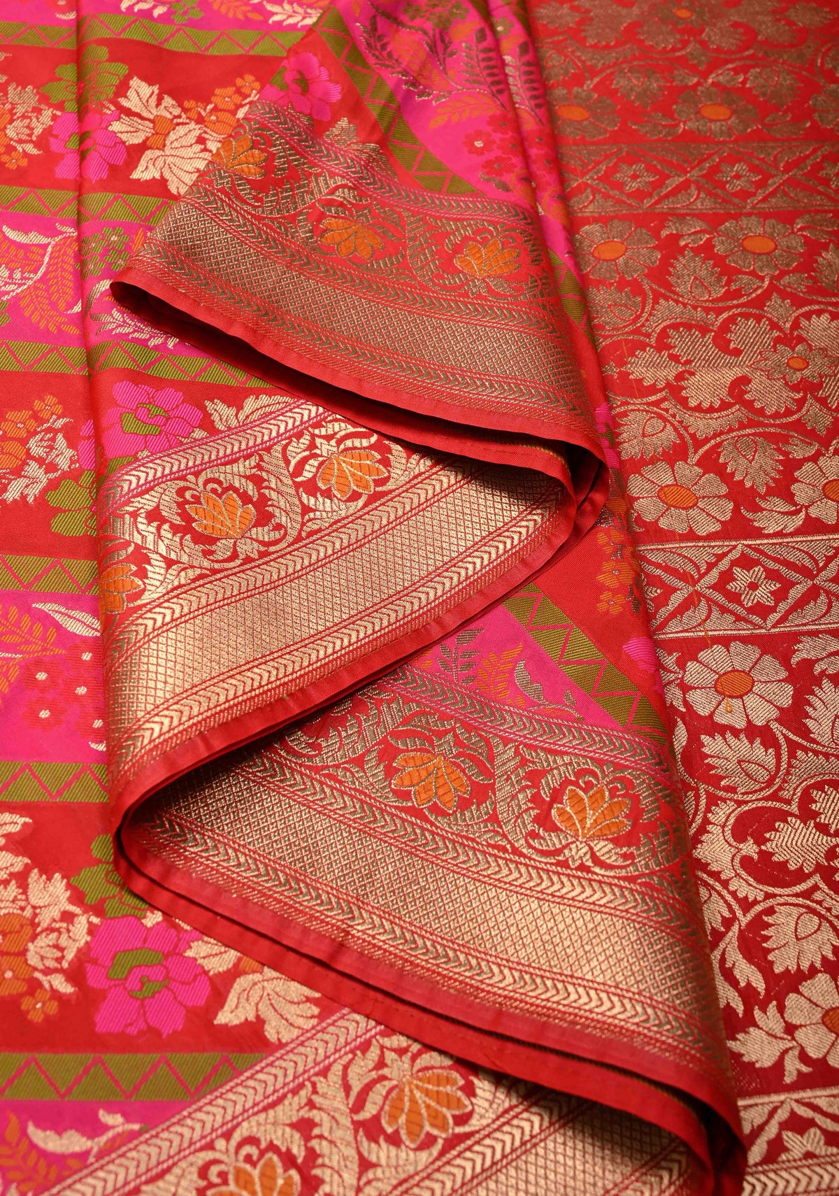 Red-Pink Rangkaat Style on Semi Silk Saree with Meenakari Diagonal Stripes and Zari Border | SHOBITAM