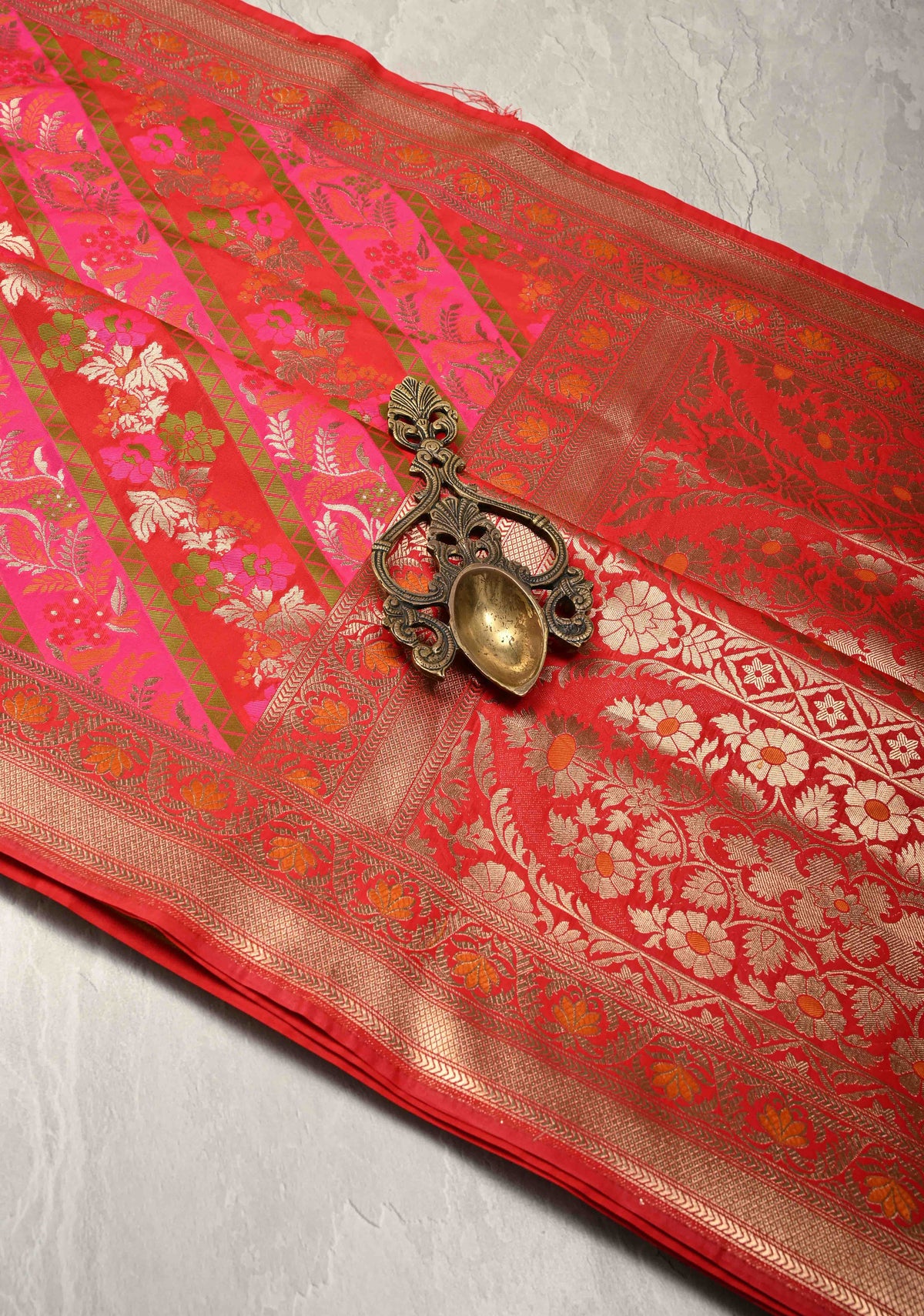 Red-Pink Rangkaat Style on Semi Silk Saree with Meenakari Diagonal Stripes and Zari Border | SHOBITAM